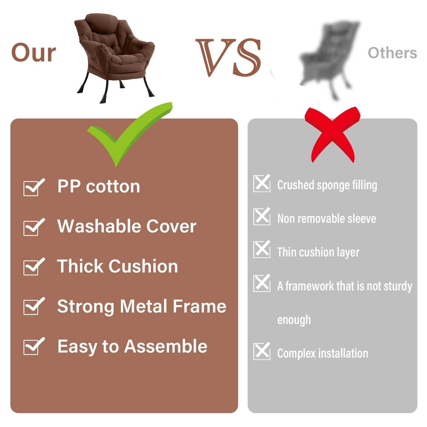 Furlide Lazy Chair for Living Room, Modern Accent Chairs with Armrests, Dark Brown Armchairs with Side Pocket, Cozy Lazy Sofa for Reading, Balcony, Bedroom, Dorm, Small Spaces