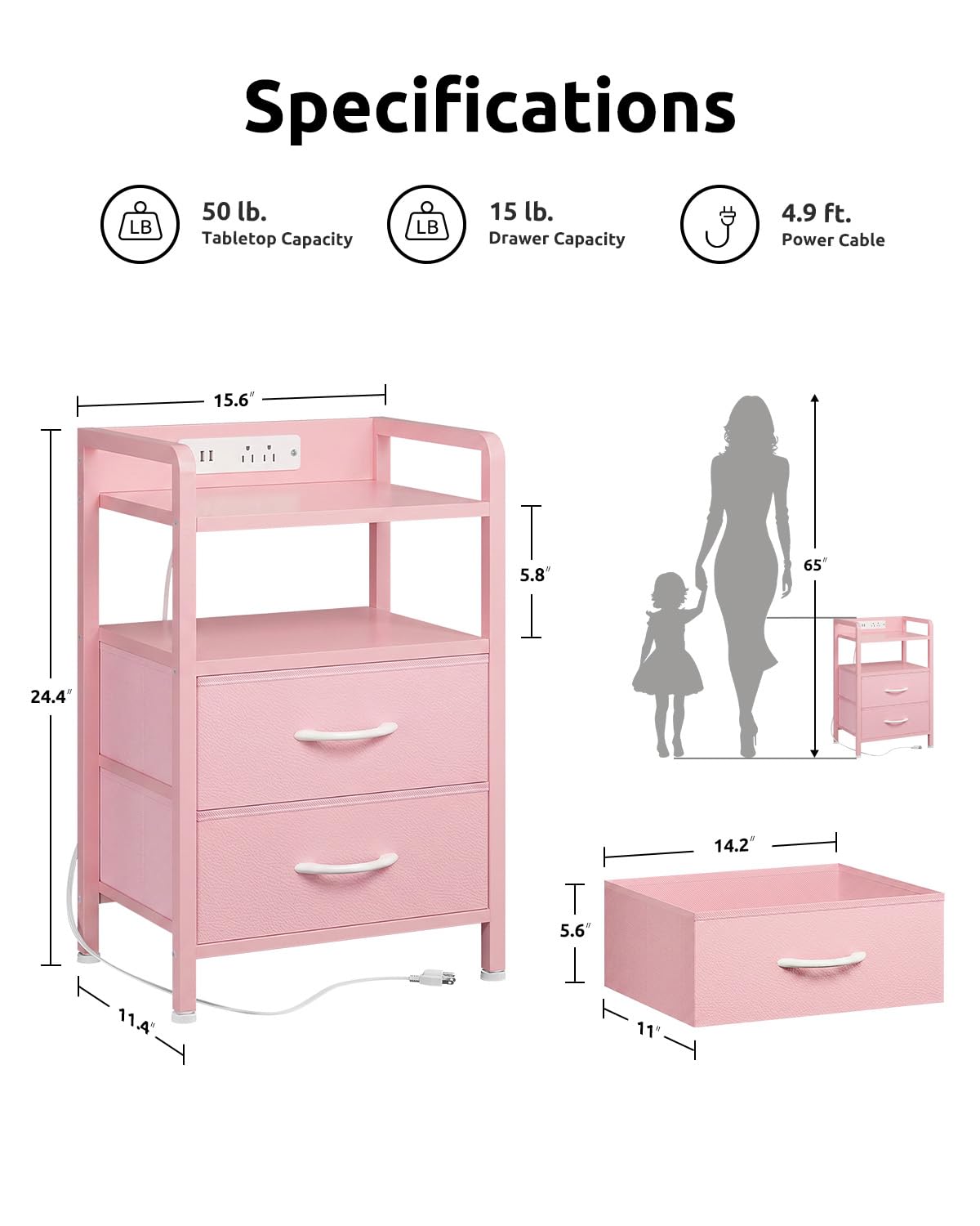 Lazzanto Night Stand Bedside Charger Bedroom - Nightstand with Charging Station & LED Light Strip, Night Stand with Storage Shelf & 2 Fabric Drawers, Morden End Table with USB Ports&AC Outlets,Pink
