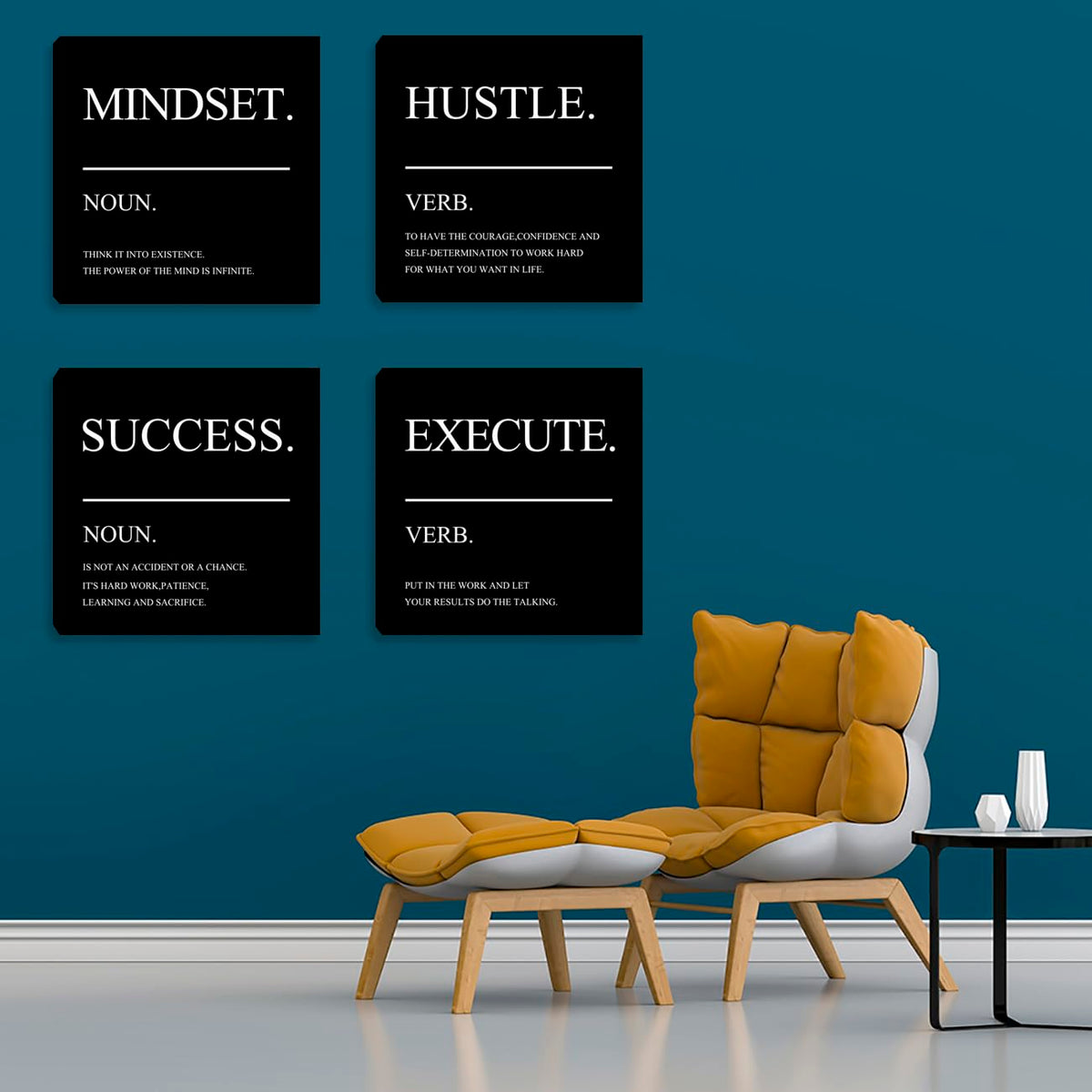 Framed Motivational Wall Art for Home Office - Inspirational Hustle Canvas - Mindset Decor for Living Room, Bedroom, Men's Office - 12"x12"x4PCS