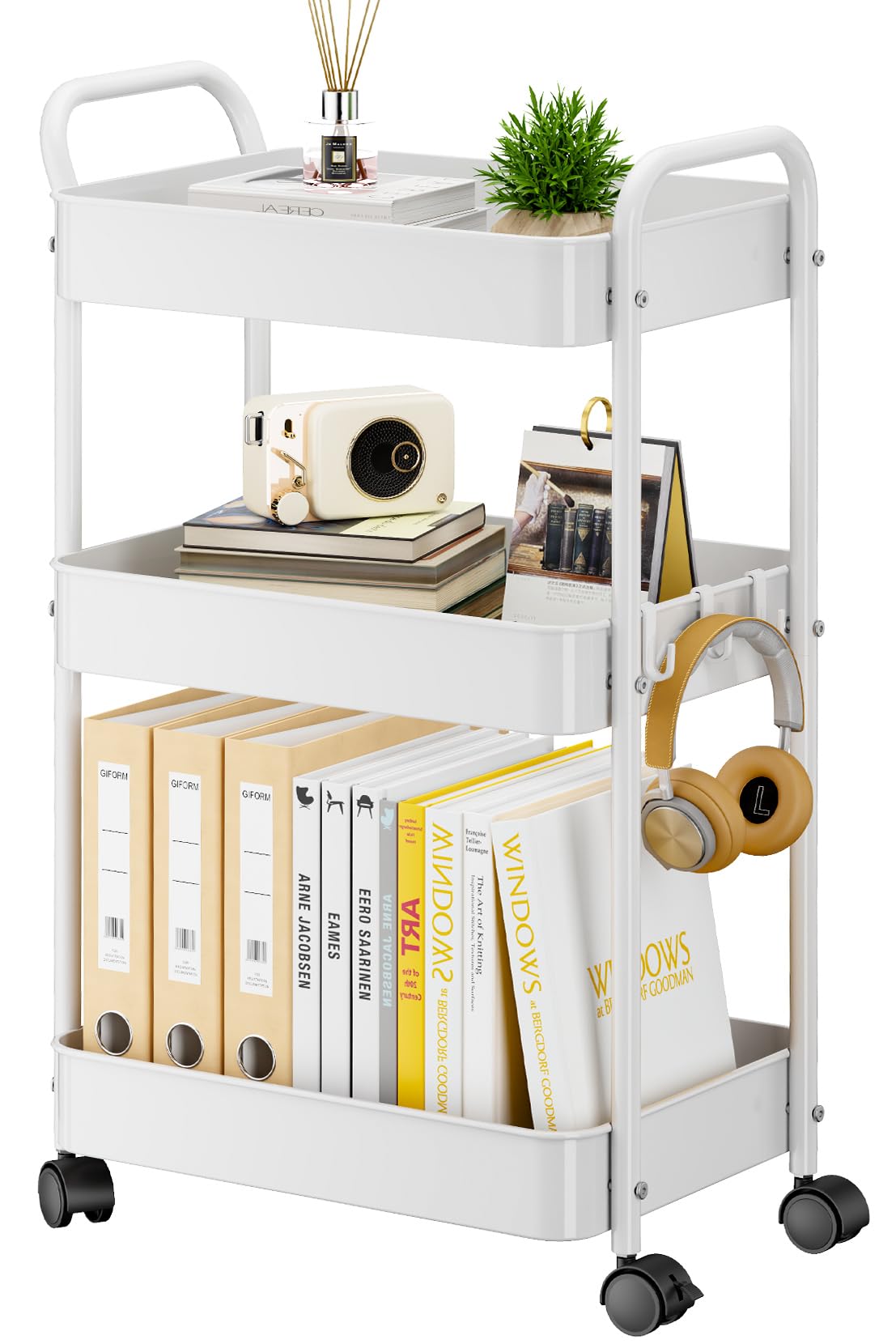 YASONIC 3-Tier Metal Rolling Cart, Sturdy Storage Utility Carts with Wheels, Multifunction Craft Art Organizer for Bedroom, Laundry, Garage, Office, Nursery, Bathroom, Easy Assembly (White)