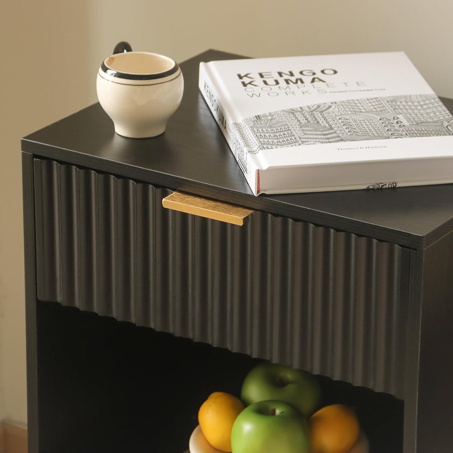 Fultyle Black Fluted Nightstand, Modern Bedside Table with Drawer and Open Storage, End Side Table Living Room with Solid Wood Legs for Bedroom (Black)