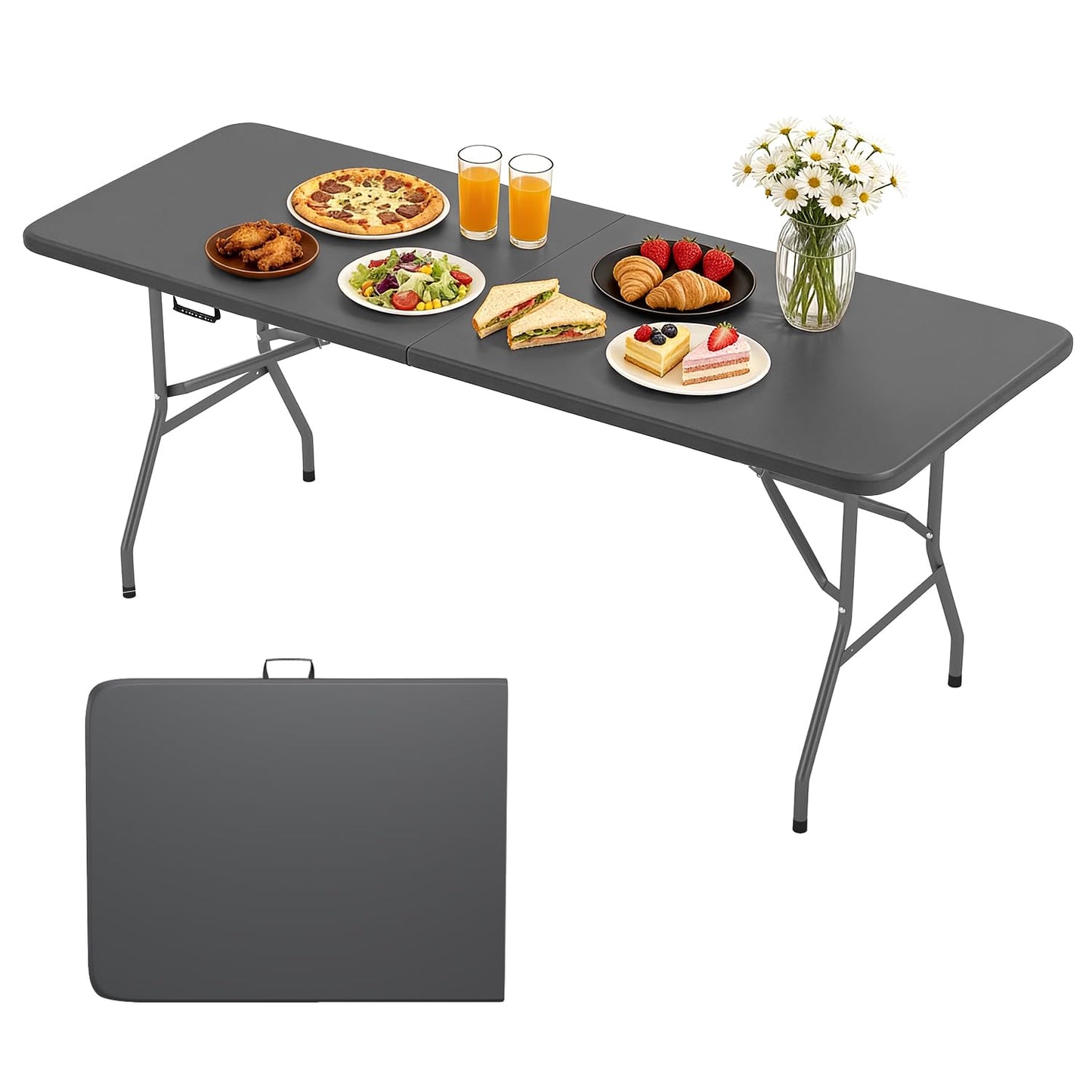 BestOffice 6 FT Picnic Table, Portable Plastic Folding Table with Carrying Handle Perfect for Picnics, Parties, Party and Camping, Grey