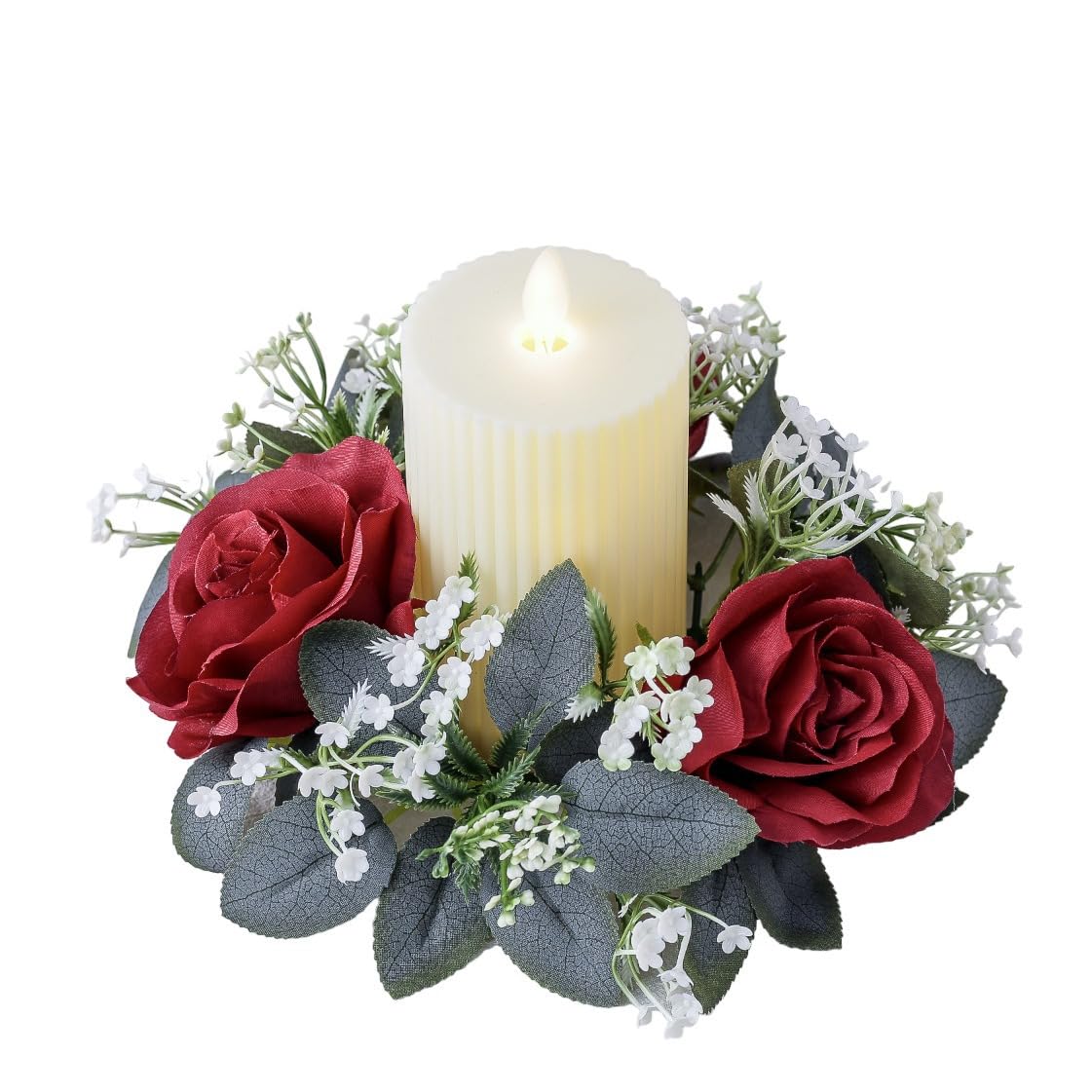 2 Pcs Artificial Rose Candle Rings Holder,Christmas Floral Wreaths with Eucalyptus Leaves Greenery Candle Rings for Pillar Candle Lantern Wedding Centerpiece Party Home Table Decor (Red)