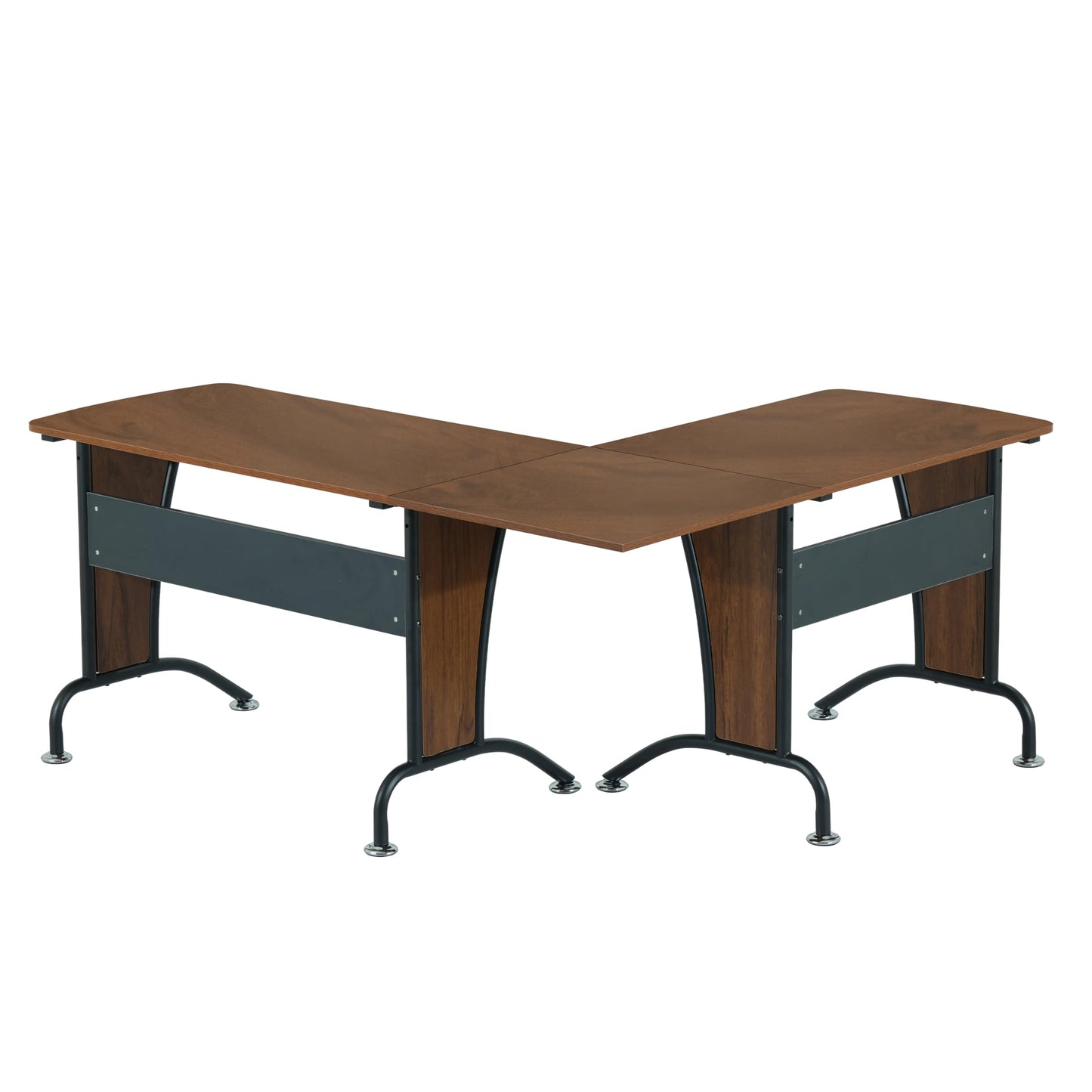 Deluxe L Shaped Desk, Corner Desk Configurable as Left/Right-Handed L-Desk or Inline Desk, Durable Steel Frame with Spacious Work Area, Walnut and Grey