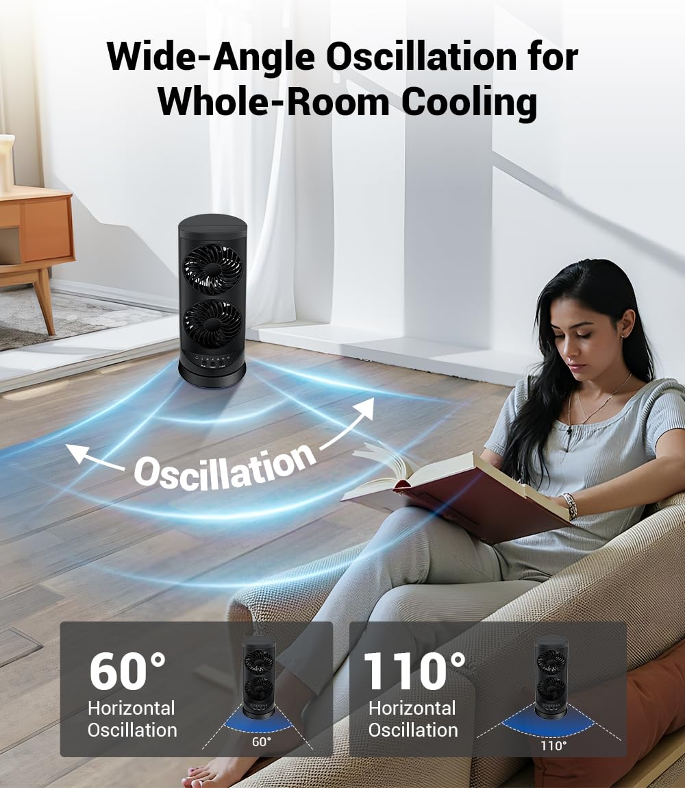 Personal Tower Fan for Bedroom, Portable Desk Table Fan，3 Speeds Cooling Standing Fan with 12H Timer, 60° & 110° Oscillating Floor Tower Fans That Blows Cold Air for Bedroom Office,Dark Grey