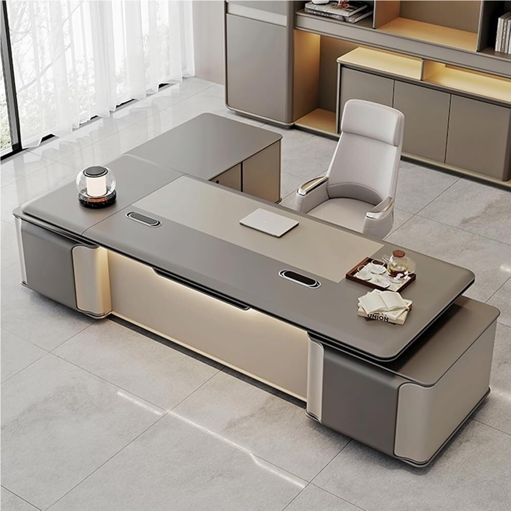 Wood L Shaped Executive Office Desk with Shelves and Storage Cabinet Boss Table for CEO Boss Manager Business Furniture Workstation for Home Office