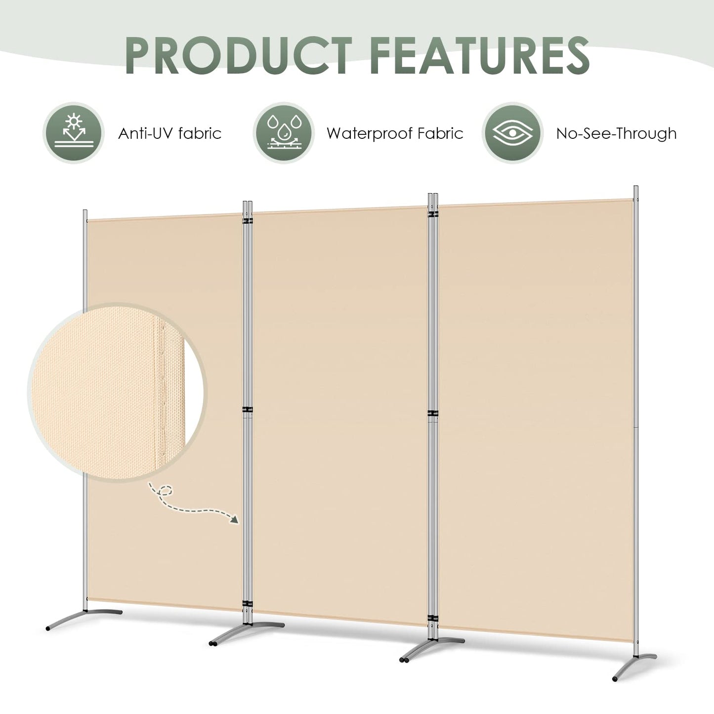 RANTILA 3 Panel Room Divider, 6 Ft Tall Folding Privacy Screen Freestanding Room Partition Wall Dividers, 102''W x 20''D x 71''H, Beige