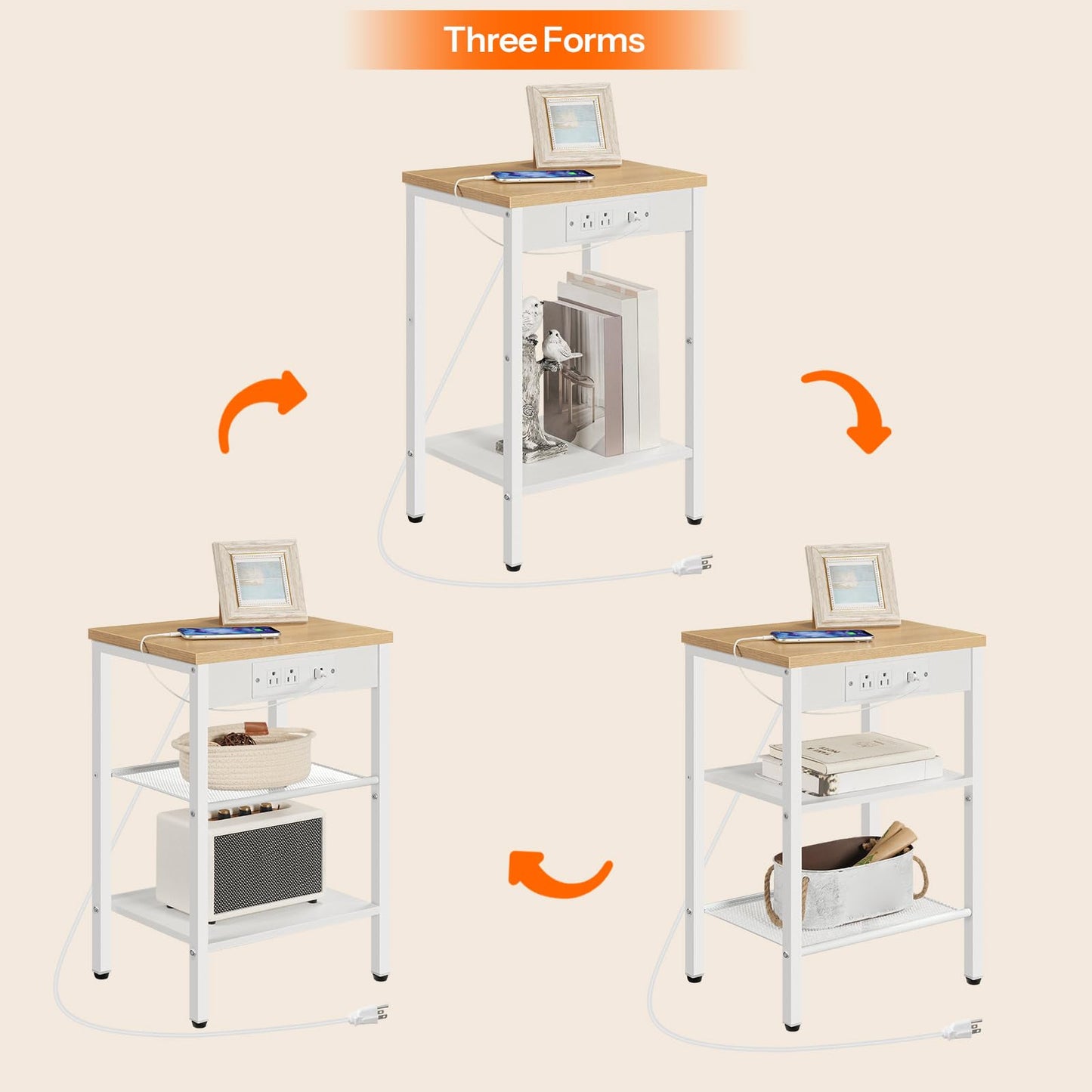 HOOBRO Side Table with Charging Station and USB Port, Small End Table for Small Space, 3-Tier Nightstand with Adjustable Shelf, for Living Room, Bedroom, Natural and White WN112BZ01