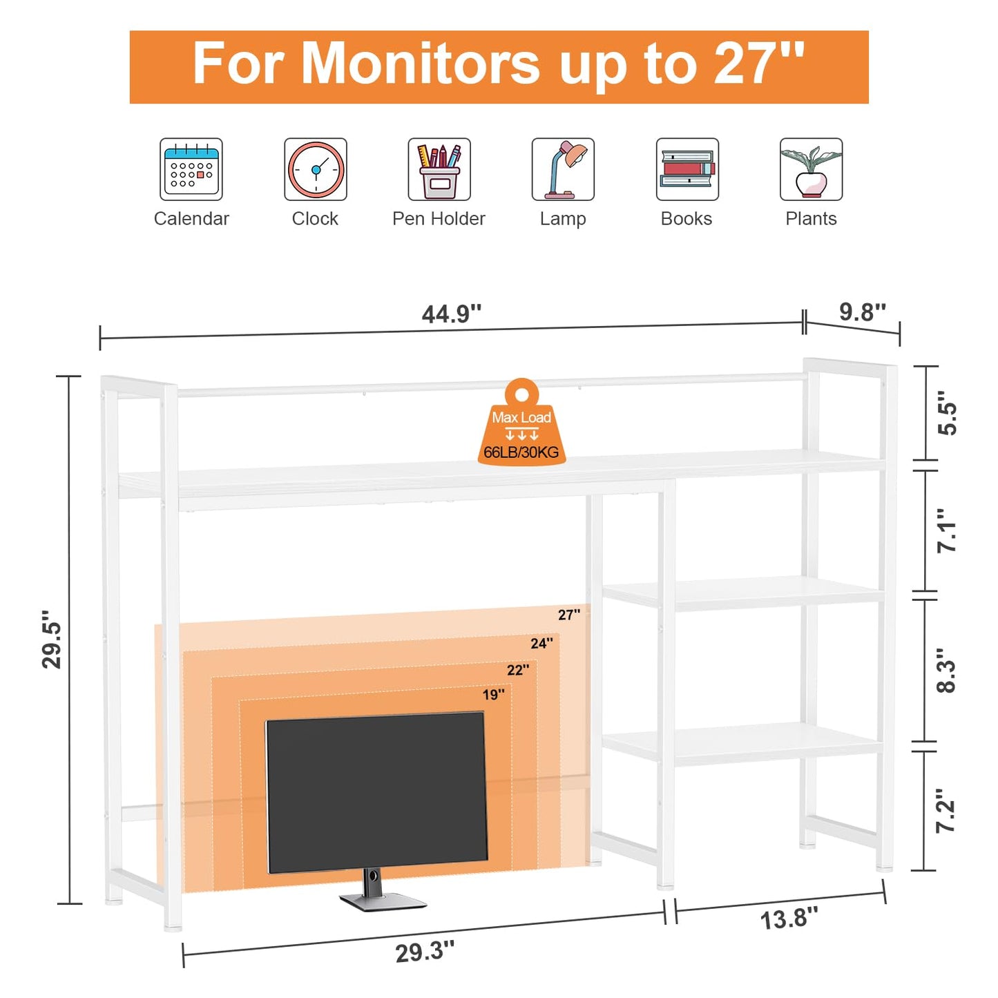 Snughome Desk Shelf, 44.9" Large Desktop Organizer Shelf, Desk Hutch for Monitor, 4 Tier Display Rack, Wooden Desktop Bookshelf Storage Rack for Home Office Dorm