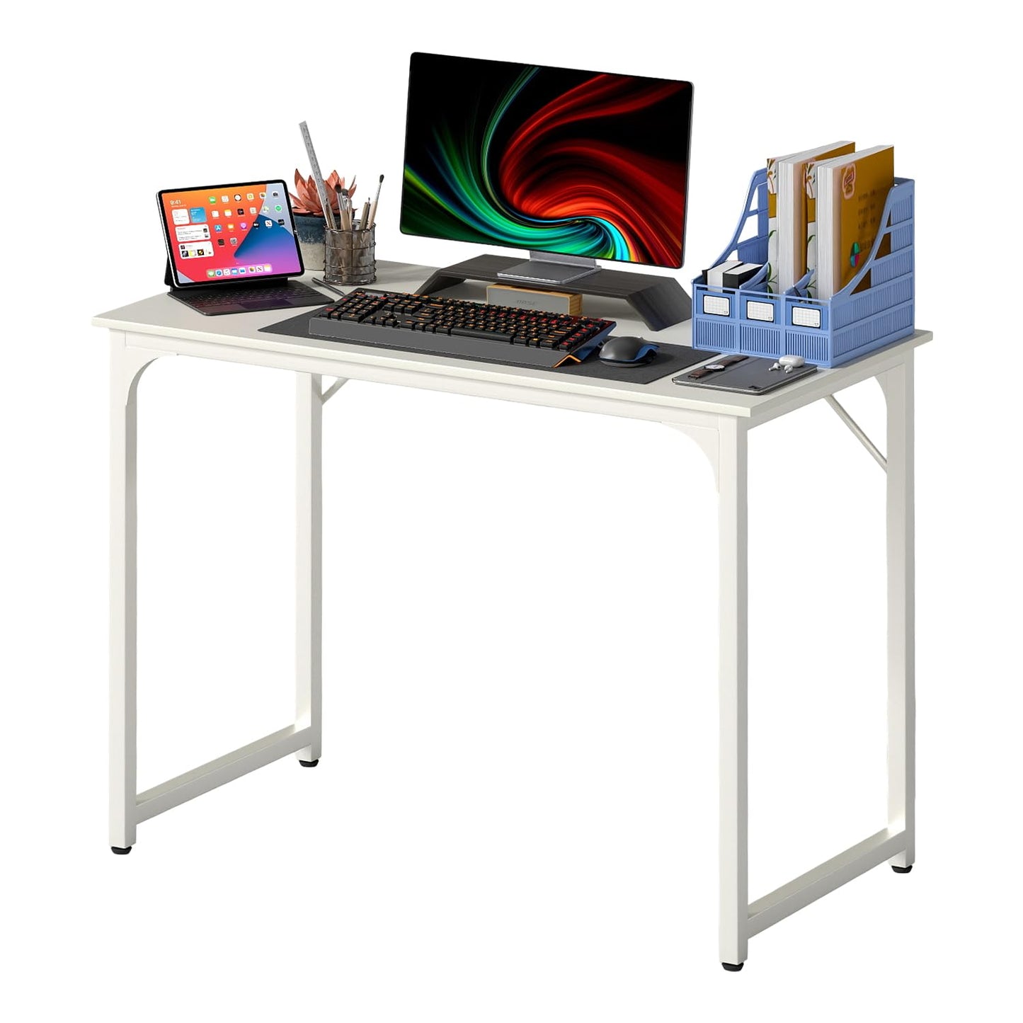 PayLessHere | 39 Inch Computer Desk | White | Office Desk with Metal Frame, Adjustable Feet | Water-Resistant, Scratchproof Surface | Sturdy Writing Table for Home Office or Study | Pack of 1