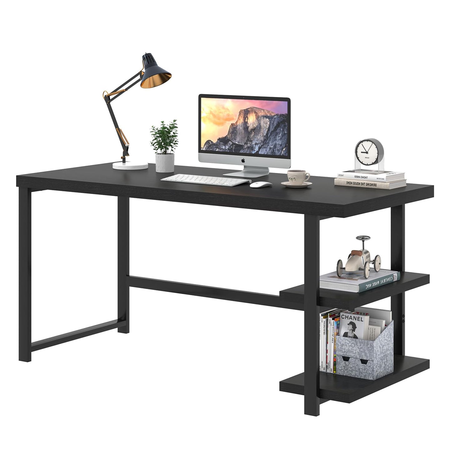 EXCEFUR Black Desk, Modern Computer Desk for Home Office, Metal Wood Writing Study Table Workstation with Storage Shelf for Living Room, Bedroom, 53 Inch