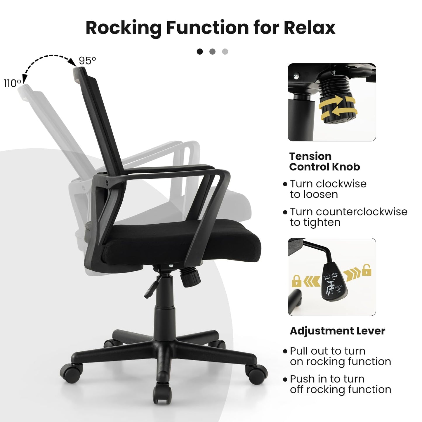 Giantex Office Desk Chair with Lumbar Support, Ergonomic Mesh Office Chair with Wheels and Armrests, Mid Back Rolling Swivel Adjustable Task Chair, Executive Computer Chair for Home Office, Black