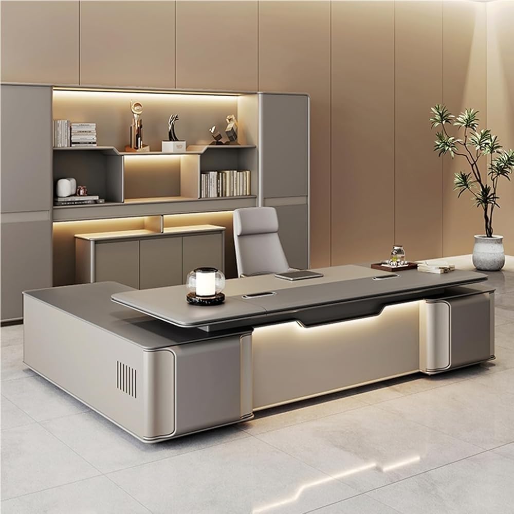 Wood L Shaped Executive Office Desk with Shelves and Storage Cabinet Boss Table for CEO Boss Manager Business Furniture Workstation for Home Office