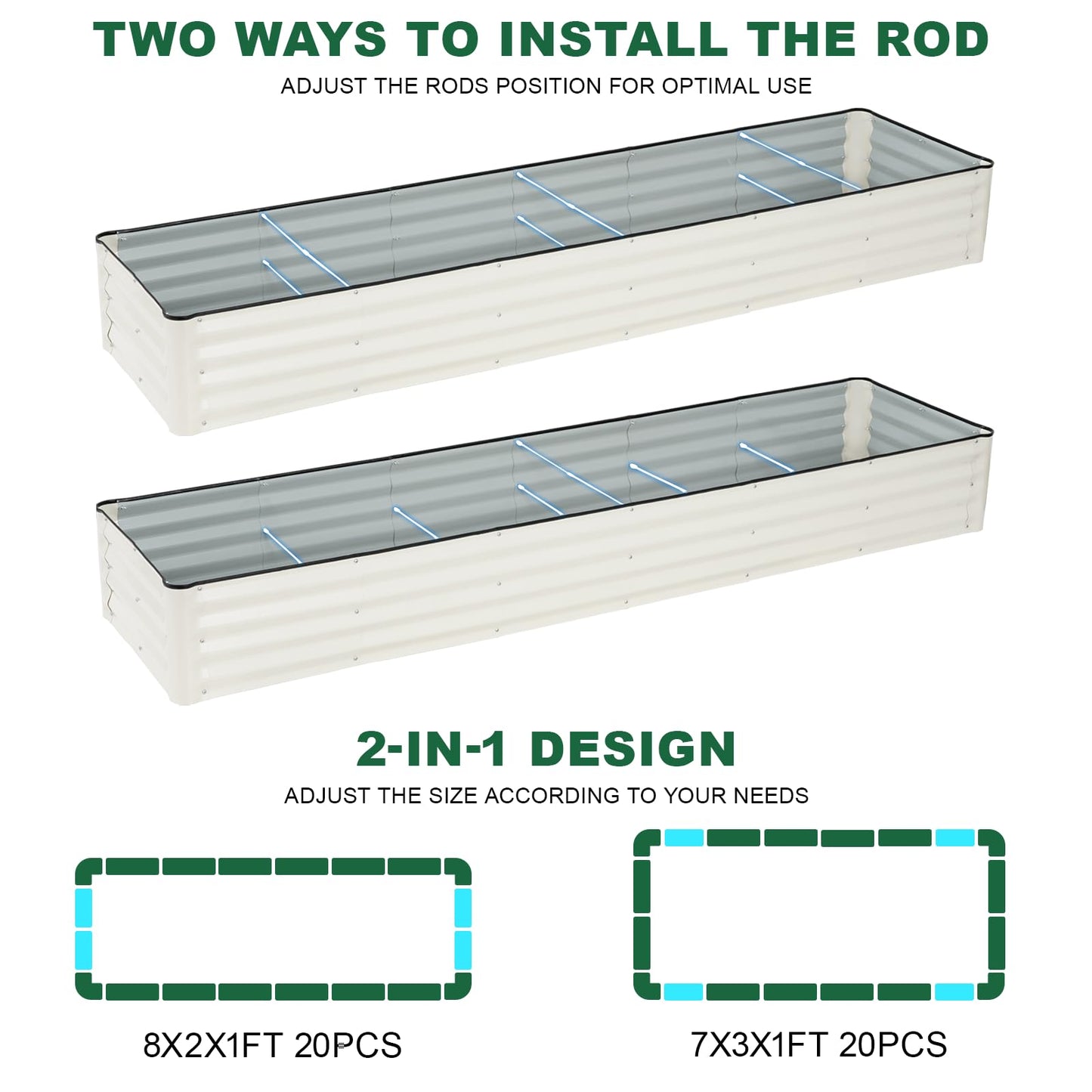 IGOHEALS Galvanized Raised Garden Bed – 1 Pack 8x2x1 Ft Patented Leak-Proof Planter Box Outdoor Gardening Metal Raised Garden Beds Kits for Veggies, Herbs & Flowers (White)