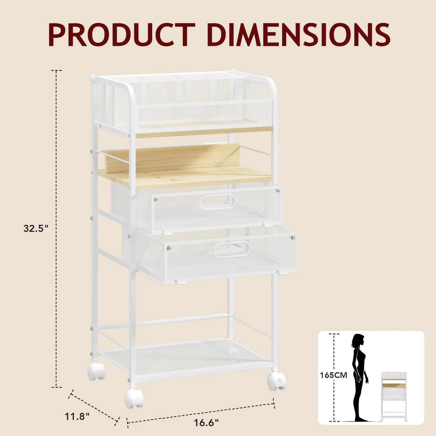 Homsorout Art cart, 5 Tier Rolling Cart - Utility Cart with Storage Drawer and Wheels, Versatile Art & Craft Organizer for Home, Office, or Studio Ideal for Storing Brushes, Paints （Maple）