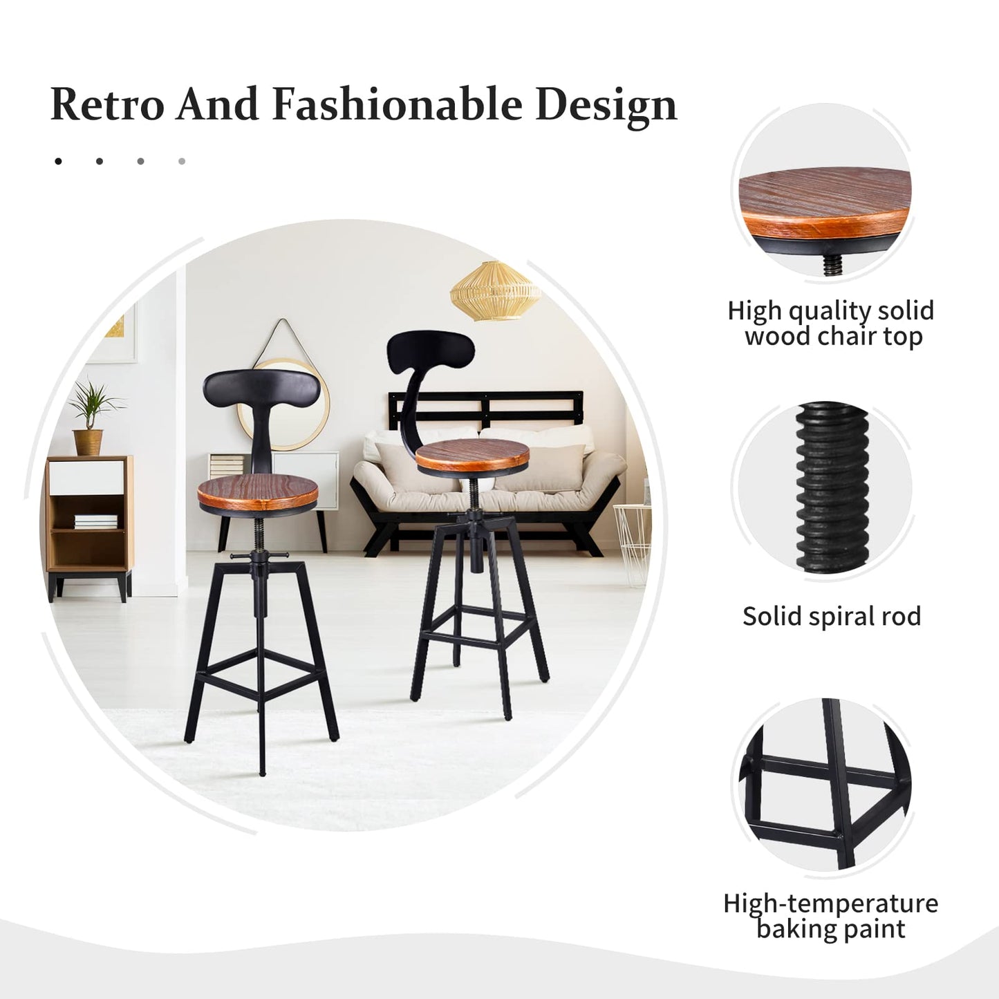 Diwhy Industrial Bar Stools,Kitchen Dining Chair,Wood Top Stool,Adjustable Height Swivel Counter Height Bar Chair with Metal Backrest,Black,Fully Welded Set of 2 (Brown Wooden Top with Iron Backrest)