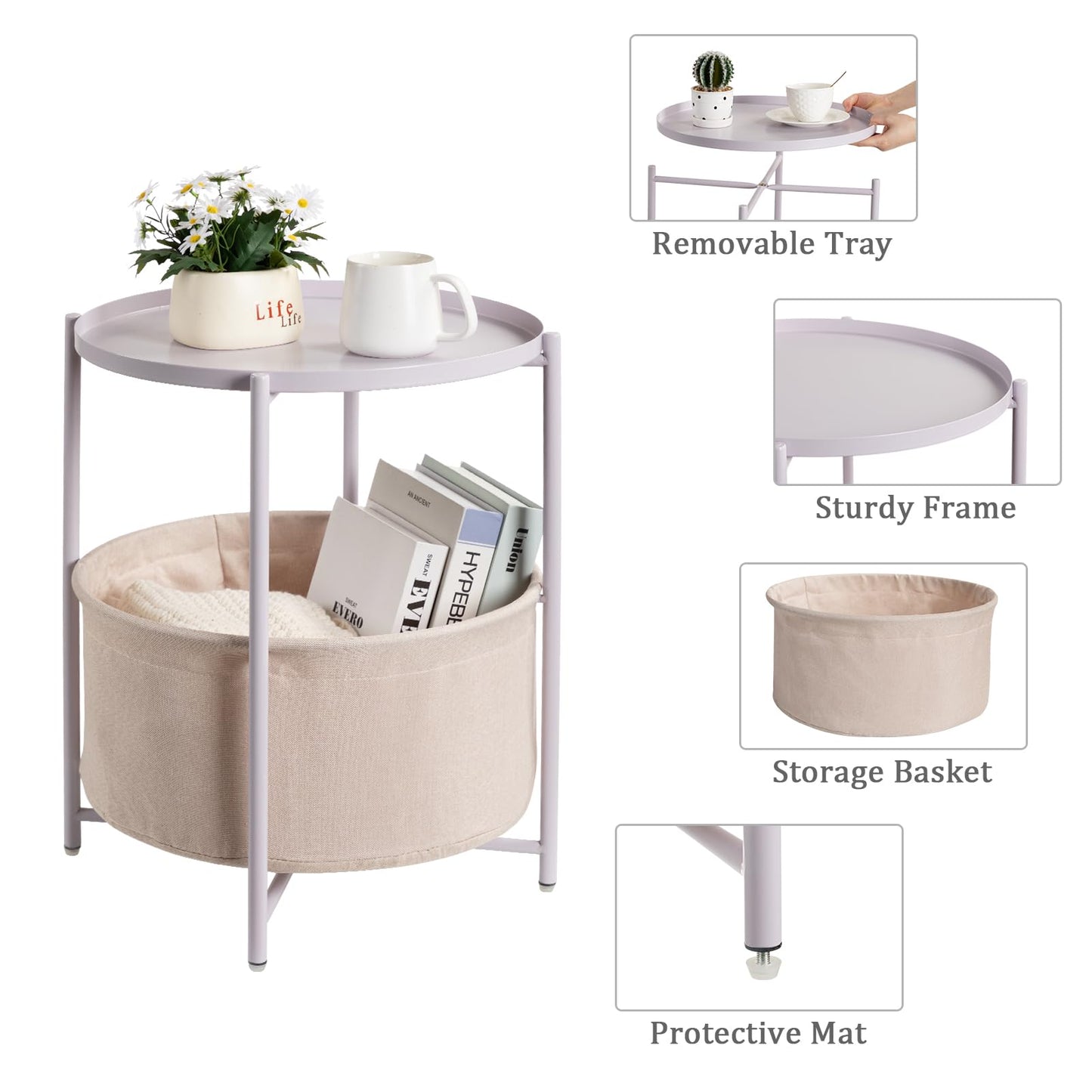 danpinera Round Side Table with Fabric Storage Basket, Metal Side Table Small Bedside Nightstand with Removable Tray Top for Living Room, Bedroom, Nursery, Laundry, Light Violet