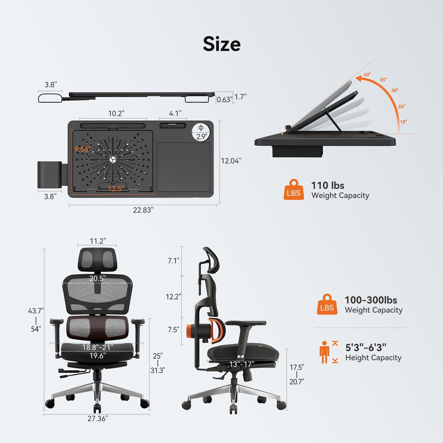 Newtral Ergonomic Office Chair - Home Office Desk Chair with Auto-Following Lumbar Support, 4D Armrest, Seat Depth and Height Adjustable (Black, Footrest + Laptop Tray)