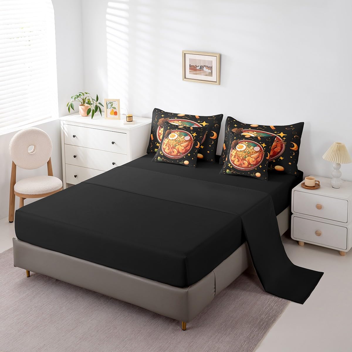 Erosebridal 7 Piece Ramen Noodle Queen Comforter Set,Japanese Anime Bedding Set Ramen Gifts for Kids Girls Boys,Funny Food Themed Bed Set with Fitted+Flat Sheet,Pillowcases,Throw Pillow Covers