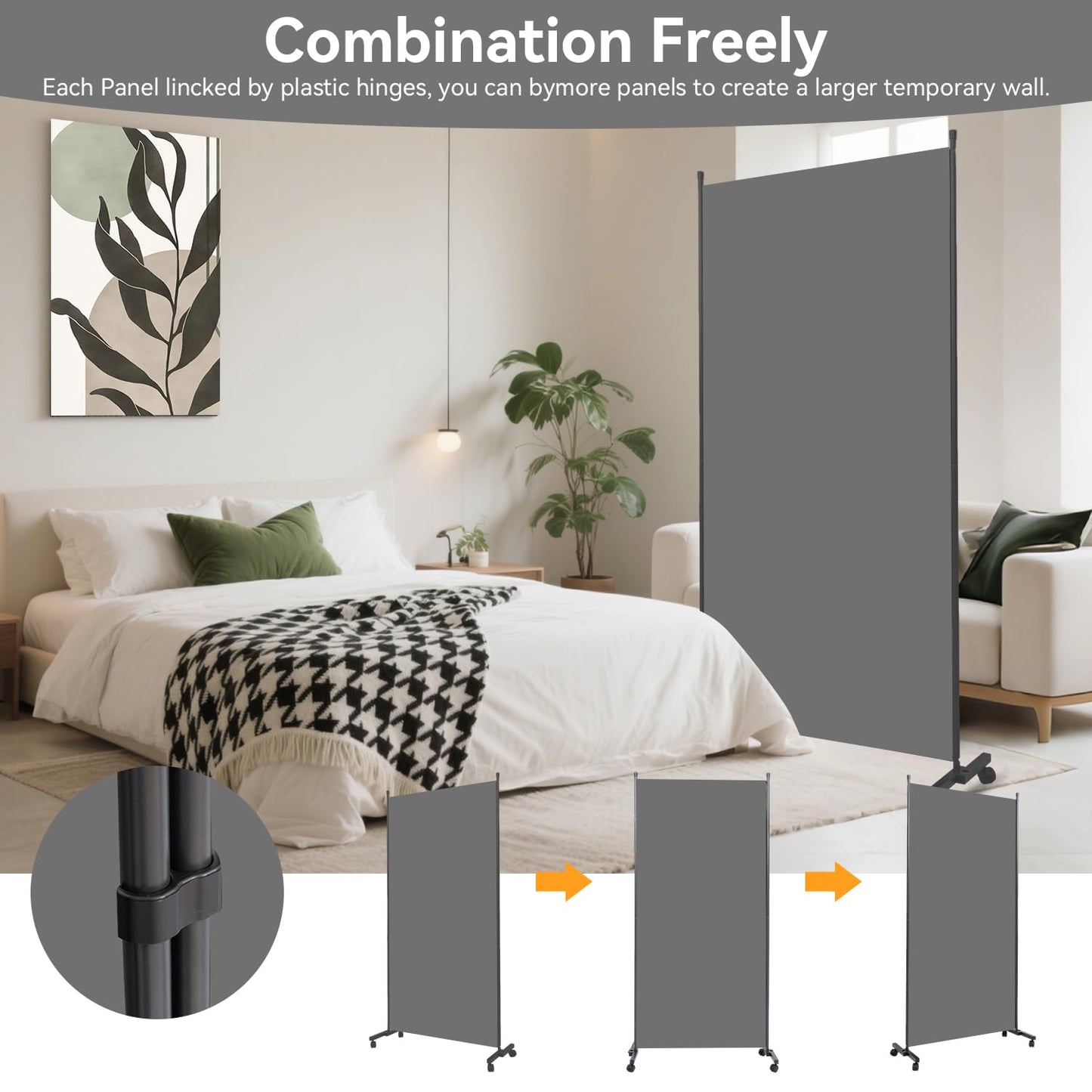 Room Divider(1 Panel-34in) Wall Divider for Room Separation, Portable Privacy Screens W/Wheels, Metal Frame Freestanding Room Separators 5.6FT Room Partitions and Dividers