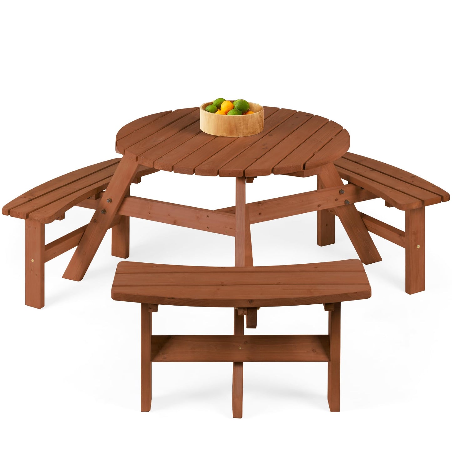 Best Choice Products 6-Person Circular Outdoor Wooden Picnic Table for Patio, Backyard, Garden, DIY w/ 3 Built-in Benches, 500lb Capacity - Acorn