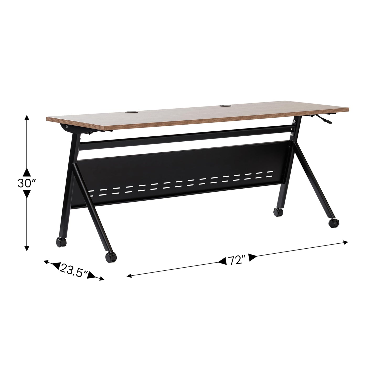 BizChair Commercial Grade 72" x 24" Heavy-Duty Nesting Flip Training Table with Y-Legs, Modesty Panel, 1" Thick Walnut Tabletop, and Black Steel Frame