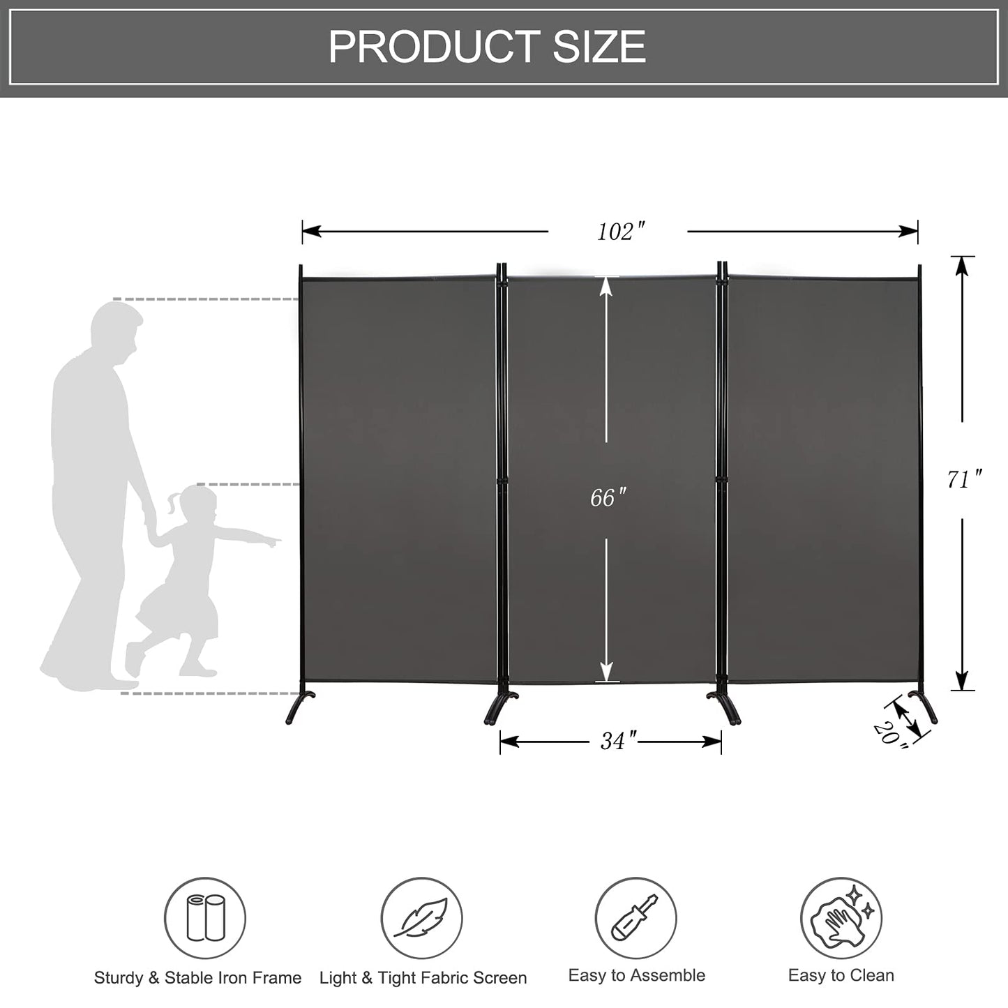 MAYOLIAH Partition Room Dividers 3 Panel Folding Privacy Screens 6 Ft Tall Portable Office Walls Dividers for Room Separator 102"x20"x71", Grey