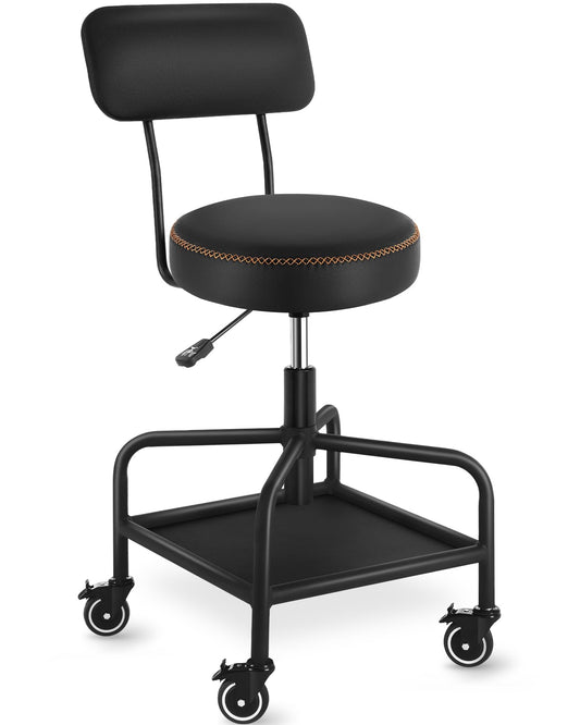 WUDOYO Shop Stool with Lockable Rubber Wheels Adjustable Backrest Tool Tray Storage 400 lb Capacity Rolling Garage Stool (Black)