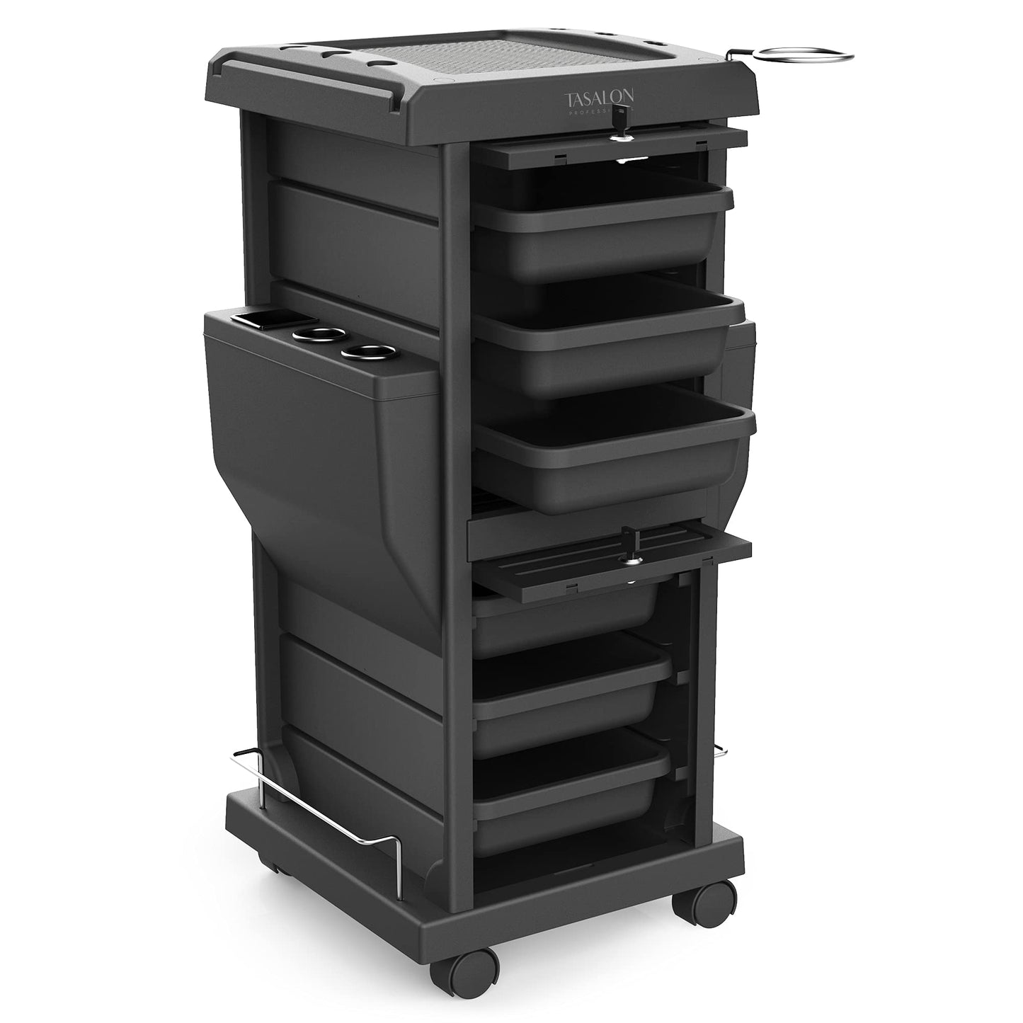 TASALON Professional Salon Trolley Cart, Lockable 6 Trays & 2 Holders, Space Saving Mobile Storage for Hair Salon and Beauty Station - Black