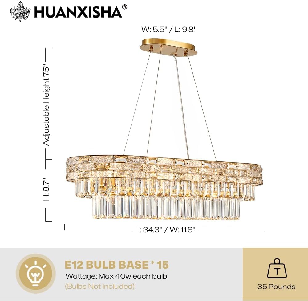 HUANXISHA 34.3" L Modern Crystal Chandeliers for Dining Room 12 Lights Gold Chandelier Large Luxury Chandelier Pendant Light Fixture, Kitchen Island,Entryway,Living Room 34.3" L x 8.7" H