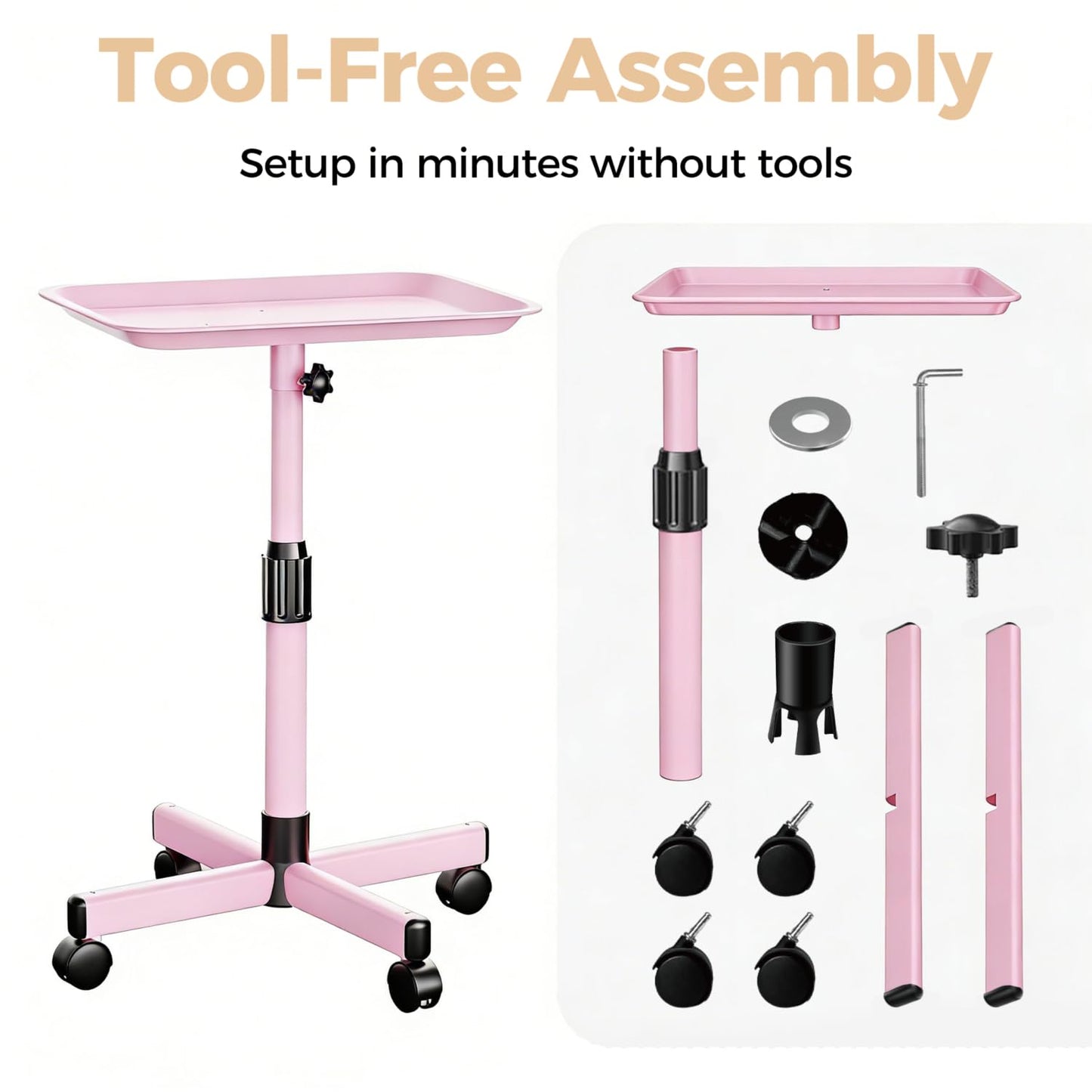 VERYTOP Back-Saving Salon Tray on Wheels, Adjustable Height (25-36inch) Rolling Cart for Hair Stylists, Tattoo Artists, Lash Techs—Spa Clinic Home Salon Trolley (36inch-Pink, 12.3×16inch)