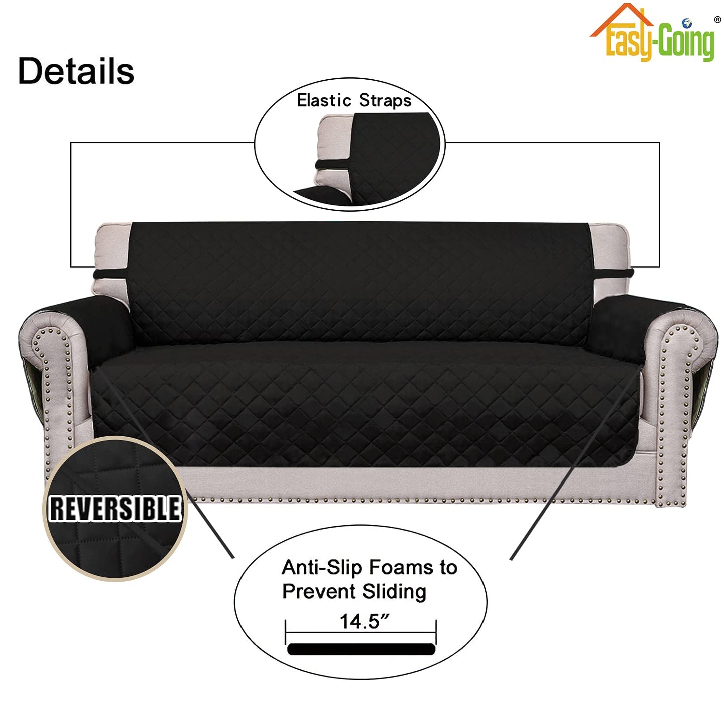 Easy-Going Reversible Couch Cover for 3 Cushion Couch Sofa Cover for Dogs Water Resistant Furniture Protector Cover with Foam Sticks Elastic Straps for Pet Cat (Sofa, Black/Black)