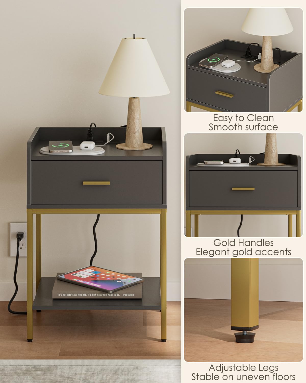 Masupu Nightstand with Charging Station,3-Tier Modern Bedside Night Stand with Storage Drawer and Shelf,Small End Side Table for Bedroom,Living Room,Grey