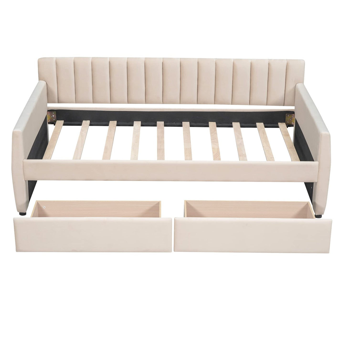 YOPTO Velvet Upholstered Twin Daybed with Two Storage Drawers, Solid Wooden Sofa Bed Frame w/Vertical Stripes Designed Backrest and Pine Legs, Space-Saving Design