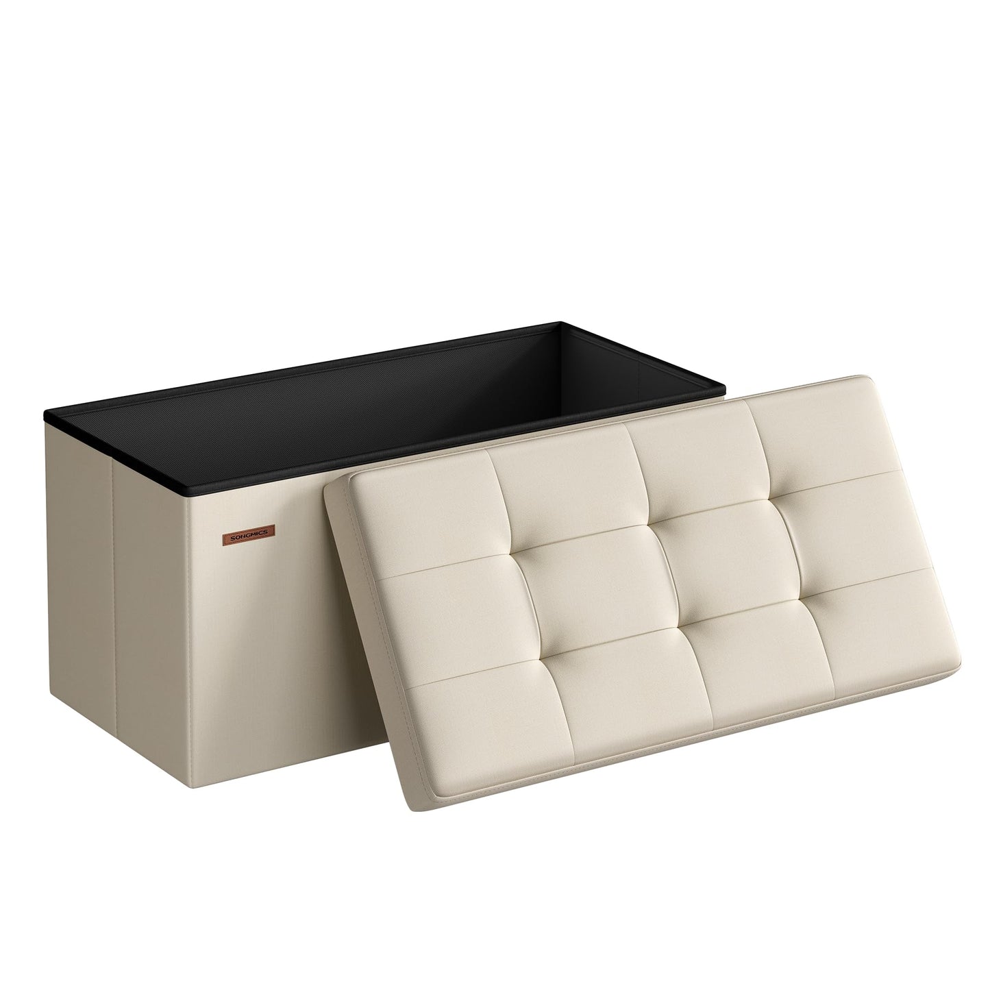 SONGMICS MAZIE Collection - 30 Inches Folding Storage Ottoman Bench, Ottoman Foot Rest, End of Bed Bench, Storage Chest, Load 660 lb, for Living Room, Bedroom, Entryway, Cream White ULSF47BE