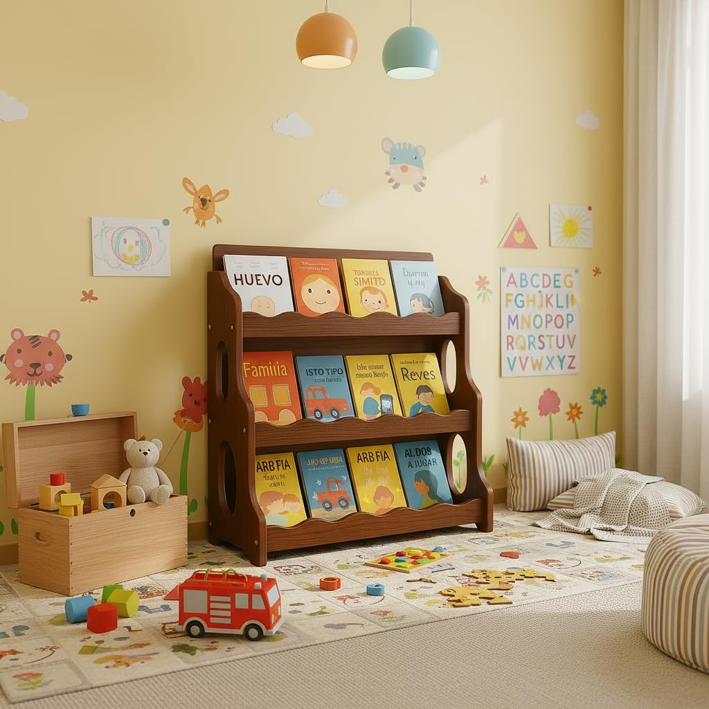 AMMEHOELA Wood Kids Bookshelf MontessoriDutchDesign,WalnutWood GrainPattern