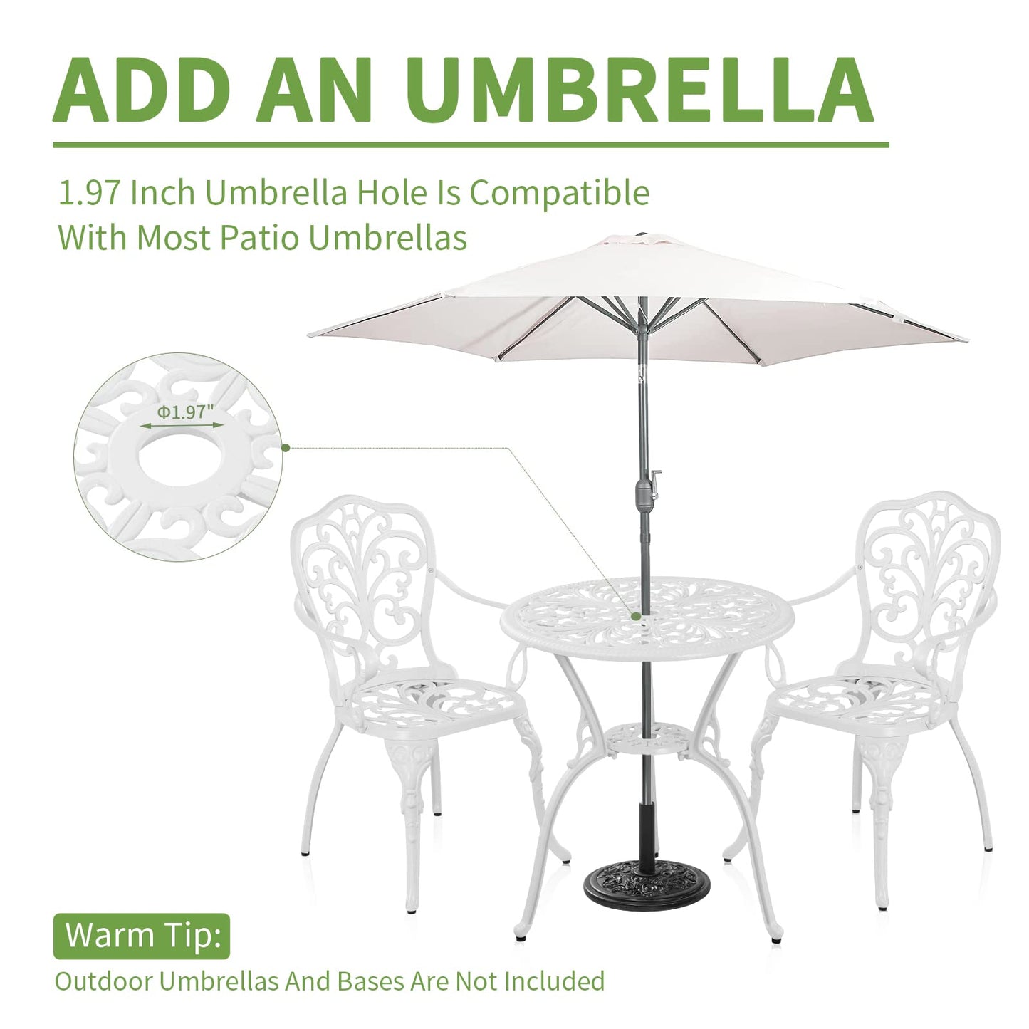 Withniture Patio Bistro Set 3 Piece Cast Aluminum Outdoor Bistro Set, Rust Resistance Bistro Table and Chairs of 2 with Umbrella Hole, Small Patio Set for Garden Outside, White