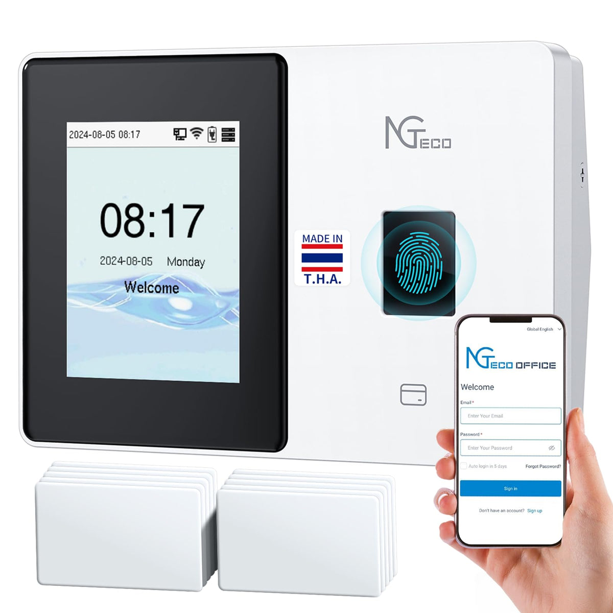 NGTeco Cloud Employee Time Clock, Fingerprint & Card Punch Machine with 2.4G/5G WiFi, 2000mAh Backup Battery, Remote APP/Web Control & AWS Secure Storage (0 Monthly Fee)