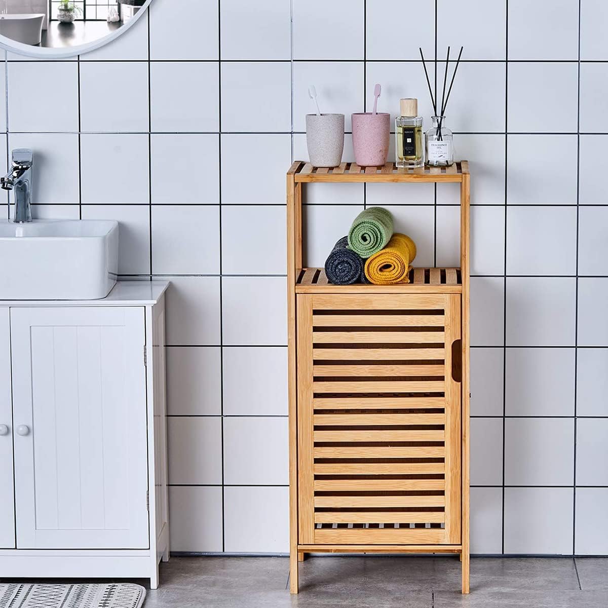 FoverOne Bathroom Bamboo Storage Cabinet, Freestanding Floor Cabinet with Door and Shelf for Bathroom, Living Room, Bedroom, Hallway, Kitchen