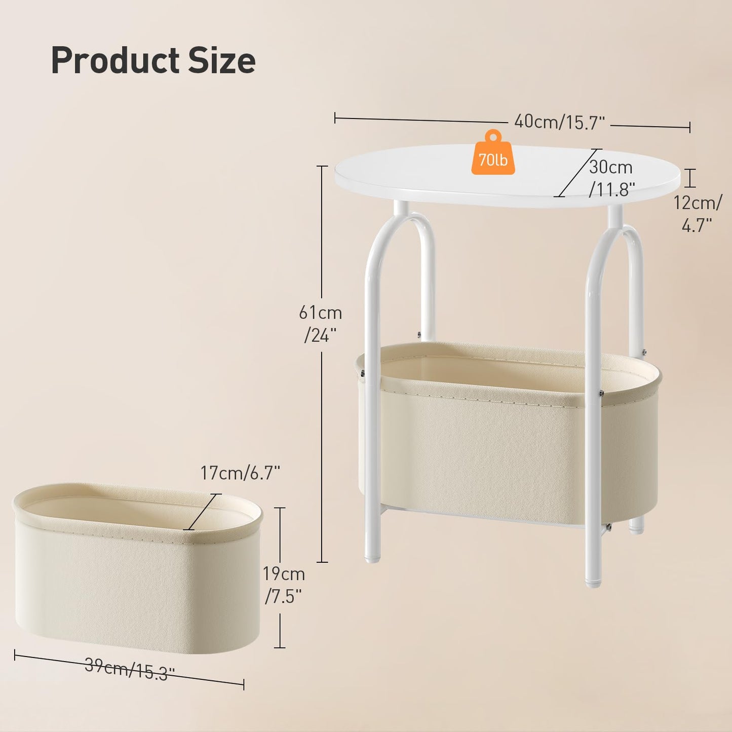 RALGEND Small Round Side Table with Fabric Basket Storage, Oval End Table for Small Spaces, Modern Coffee Bedside Table, Couch Side Table for Living Room, 15.7" X 11.8" X 24", White and Beige 8601BZWT