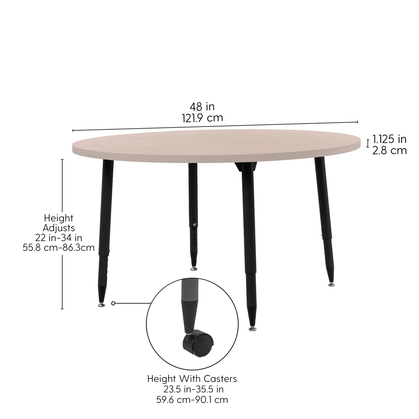 Adapte Commercial Classroom Activity Table - 48" Round Woodgrain, ADA Compliant Tapered Legs with Glides & Casters, Adjustable Height 22-34" Wheelchair Accessible, School & Office Furniture