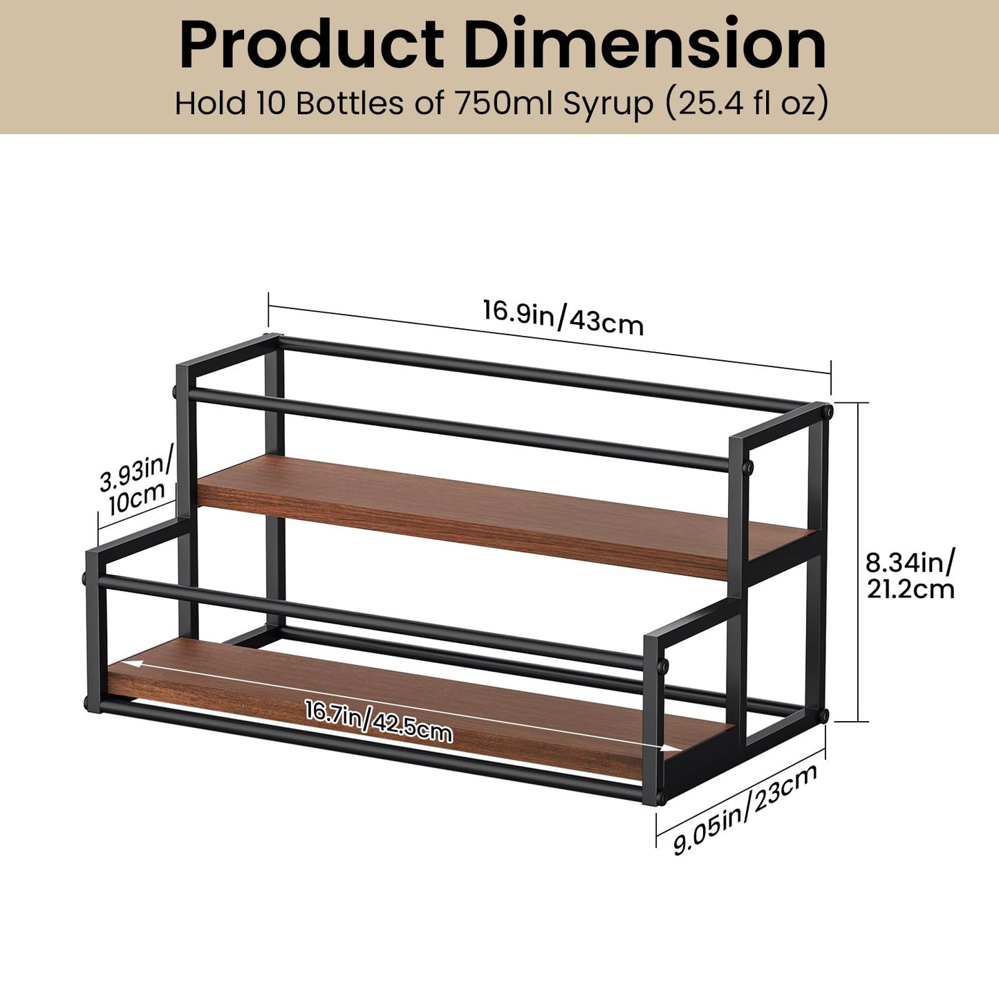 THYGIFTREE Coffee Syrup Rack Organizer 2-Tier 10 Syrup Bottles Holder Stand Metal with Wood Base for Coffee Bar Storage Shelves for Kitchen Countertop Matte Black