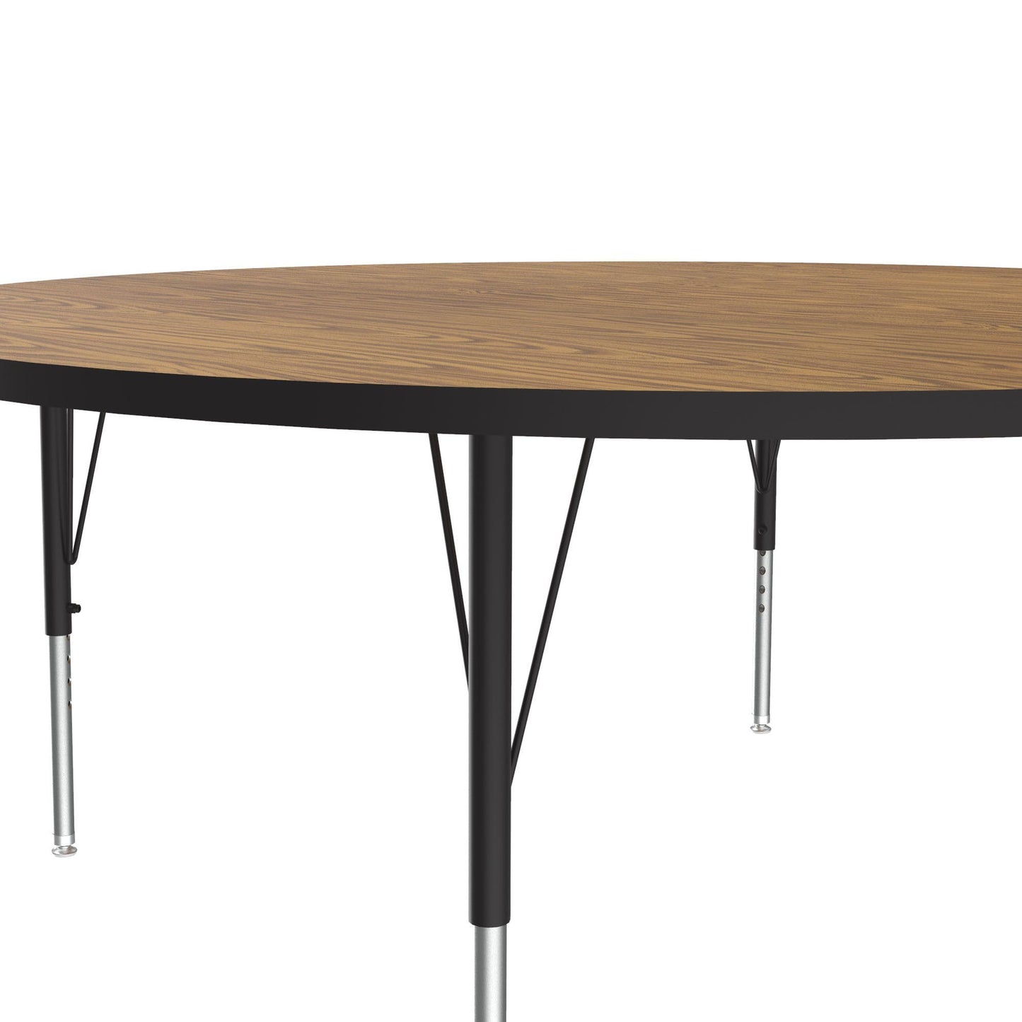 Correll 48" Round Econoline Classroom Activity Table, Medium Oak Melamine Top, Height Adjustable (19"-29"), Black/Chrome Legs, School Furniture, Made in The USA