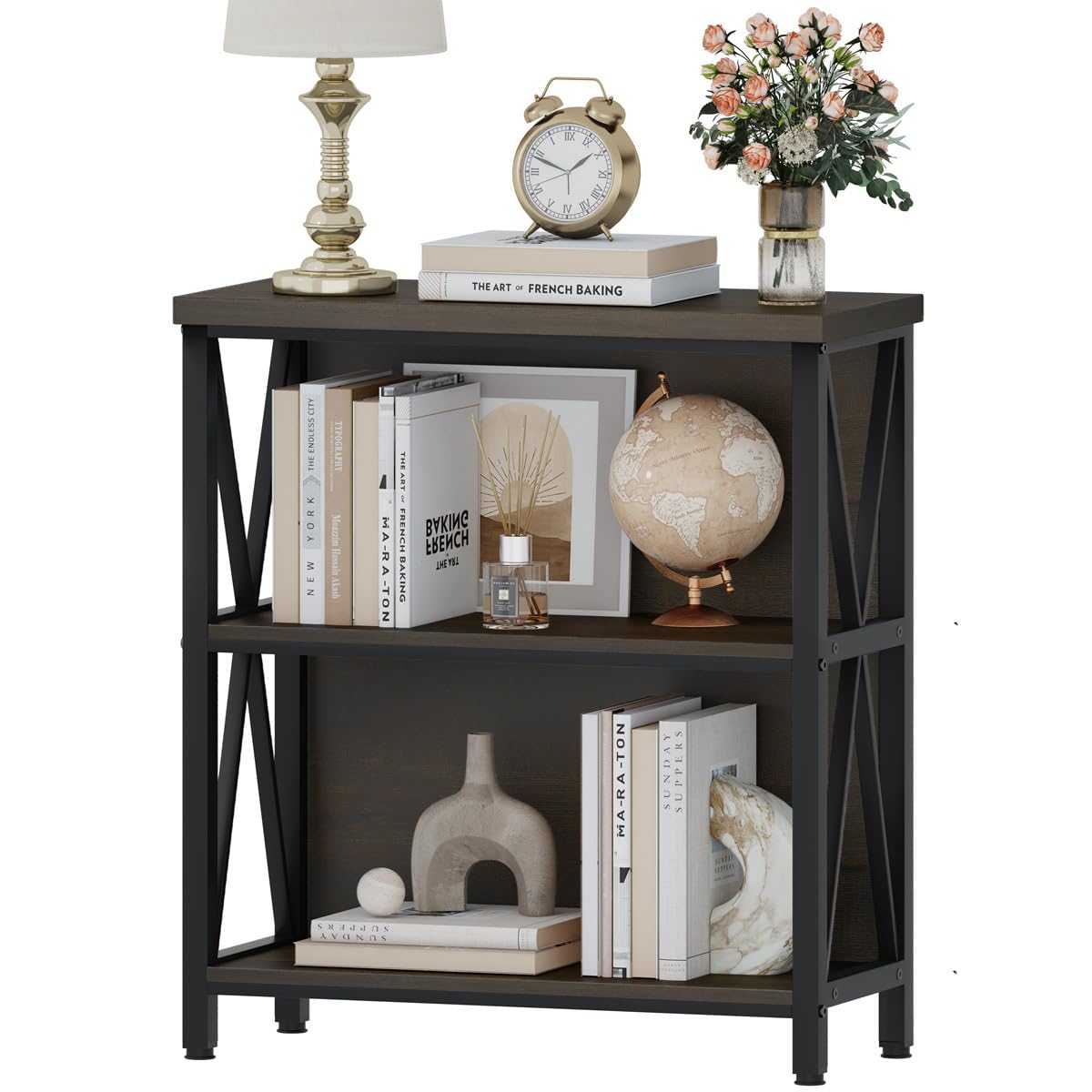 FATORRI Rustic Small Bookshelf for Small Space, Industrial Short Wood Bookcase, Farmhouse Low Book Shelf, 3 Tier Narrow Bookshelf for Living Room, Home Office, Hallway (Walnut Brown)