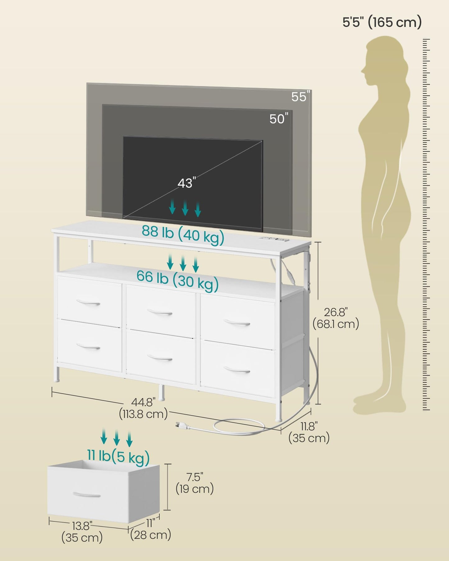 SONGMICS BELLAH Collection - Dresser for Bedroom, Chest of Drawers, TV Stand for TVs Up to 55 Inches, Living Room, Closet, 6 Drawers and 1 Shelf, Modern, Cloud White ULGS833WH02S