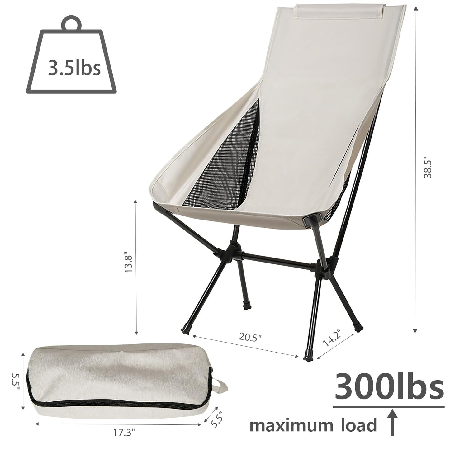 Wind Tour Portable Camping Chair Foldable Outdoor Chair for Hiking Camp Backpacking Lawn Beach Fishing Picnic with Carry Bag (High-Back | White)