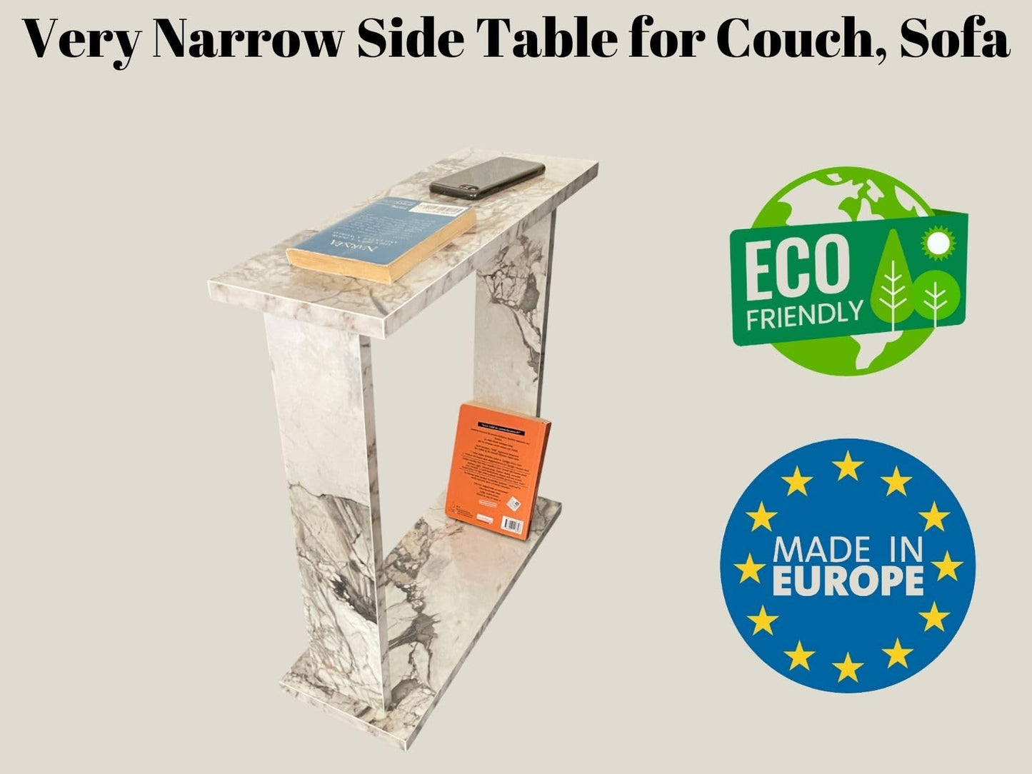 Very Narrow Side Table for Living Room, Small Apartment Space Between Chairs Skinny Table for Recliner, Couch, Armchair, Thin Slim End Table for Living Room, Bedroom, Beverages (White Marble)