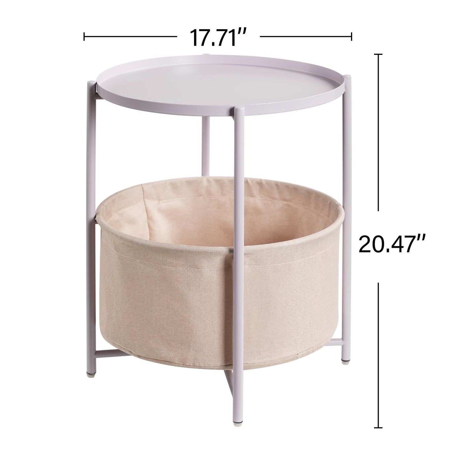 danpinera Round Side Table with Fabric Storage Basket, Metal Side Table Small Bedside Nightstand with Removable Tray Top for Living Room, Bedroom, Nursery, Laundry, Light Violet