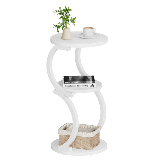 JUSTOGO Small Round Side Table, 3-Tier End Table for Living Room, Vintage Nightstand for Small Spaces Sofa Couch Corner Bedside Bedroom, S-Shaped Wood Accent Table Matel Coffee Table, White