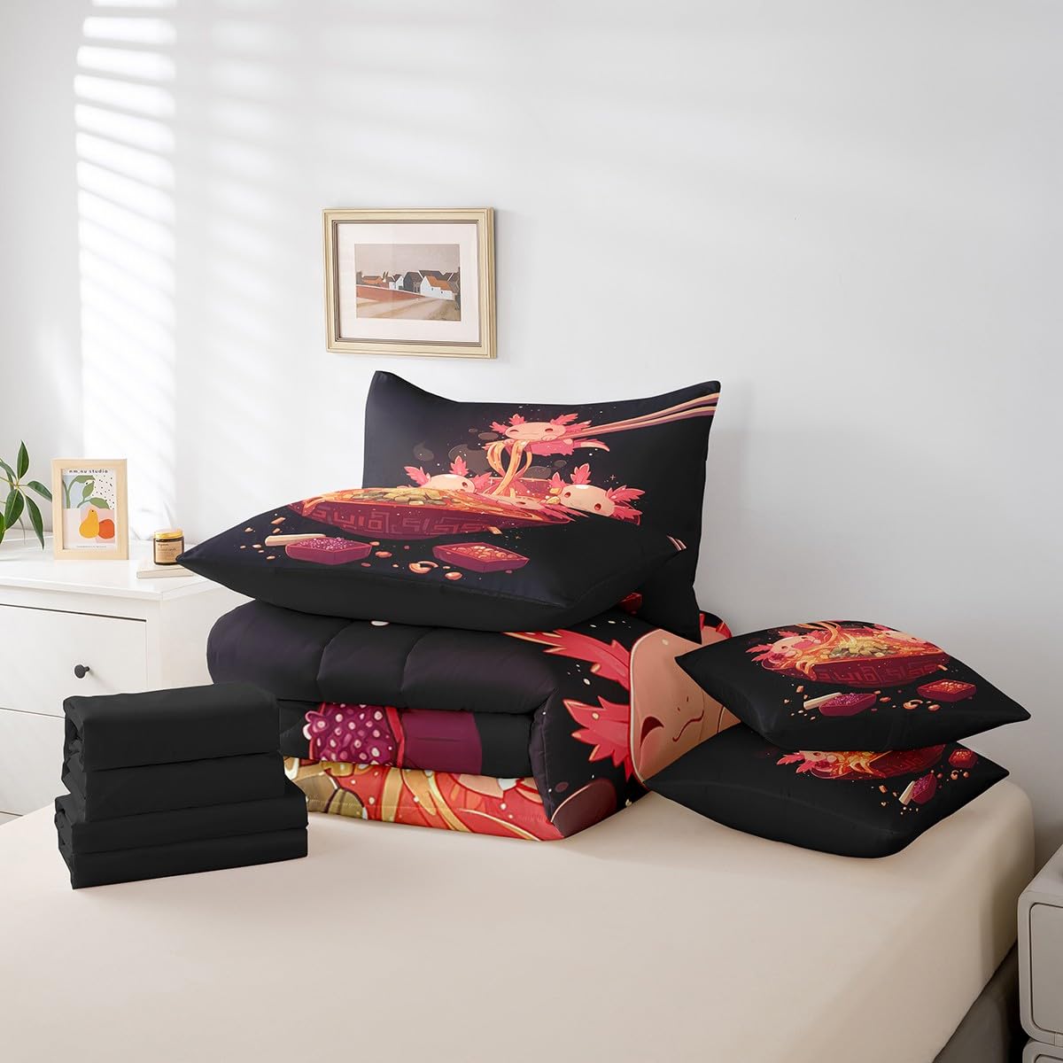 Erosebridal 7Pc Ramen Noodle Queen Bedding Set,Funny Axolotl Comforter Set Ramen Gifts for Kids Adults,Japanese Anime Style Bed Set Food Themed Bed in a Bag with Fitted Sheet,Flat Sheet,Pillowcases